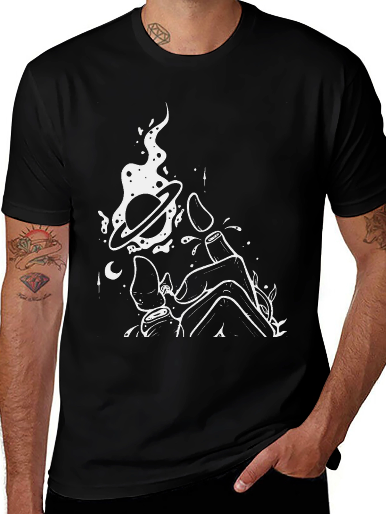 Mens Black Graphic Tee - Space Hand Design