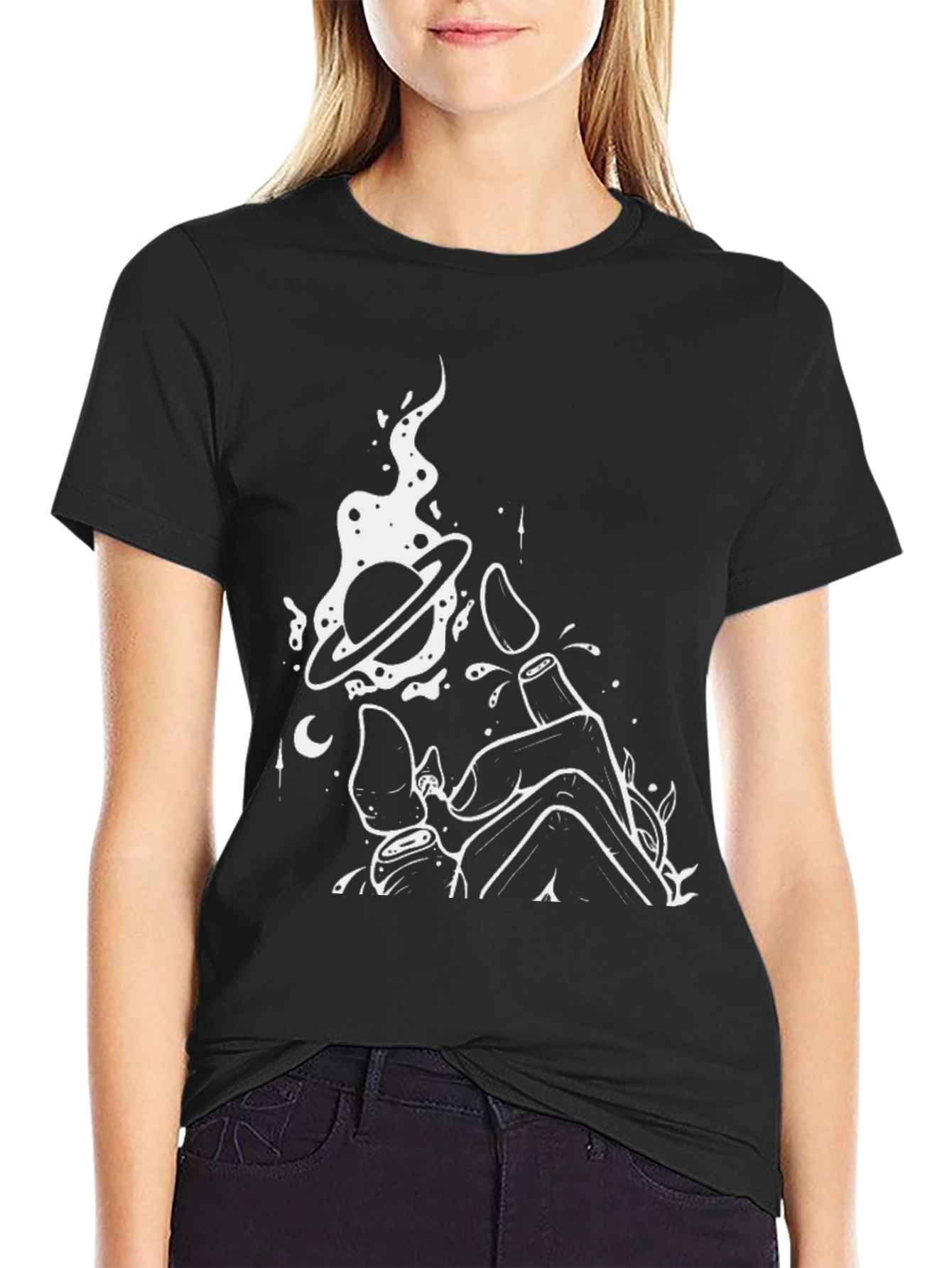 Mens Black Graphic Tee - Space Hand Design