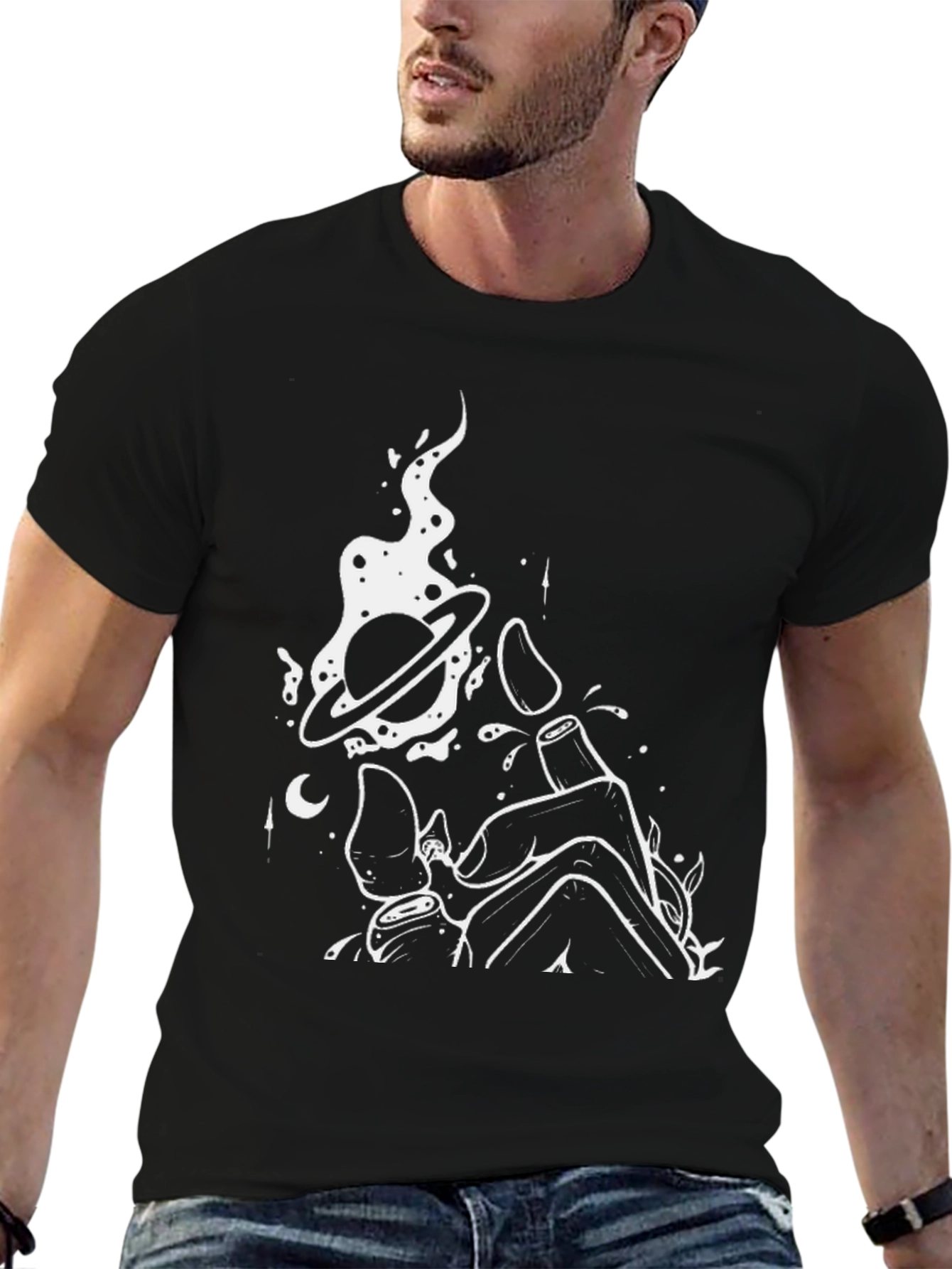 Mens Black Graphic Tee - Space Hand Design