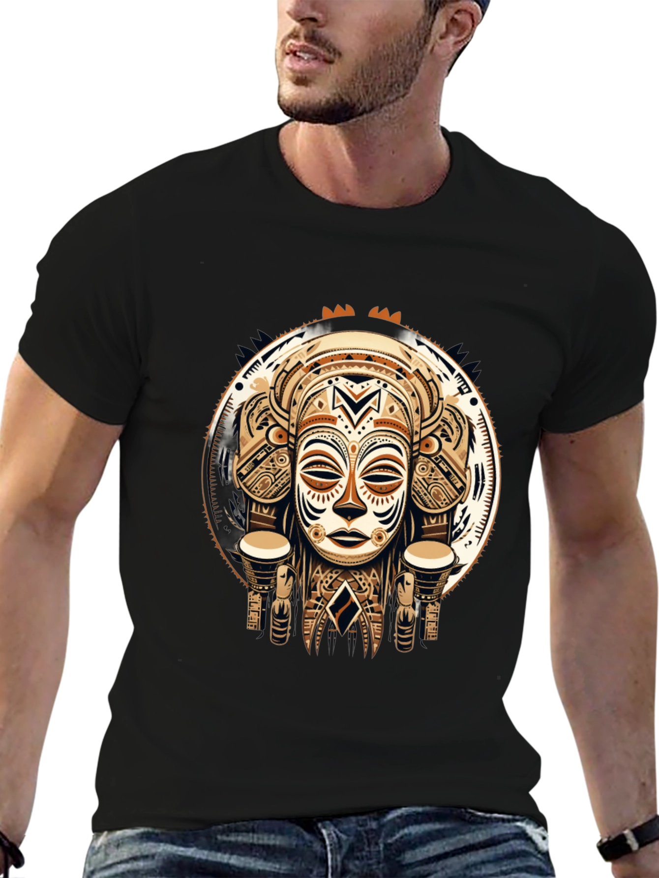 Tribal Mask Graphic Tee - Unique Design