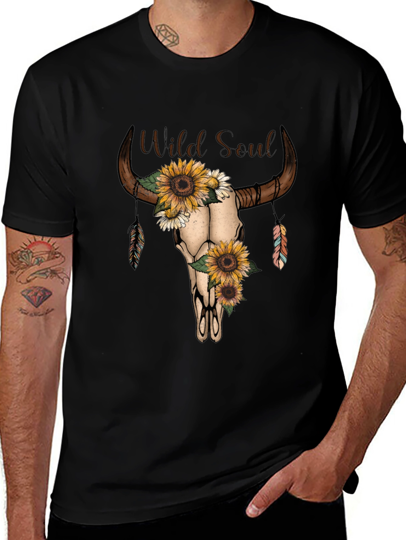 Wild Soul Sunflower Bull Skull Graphic Tee