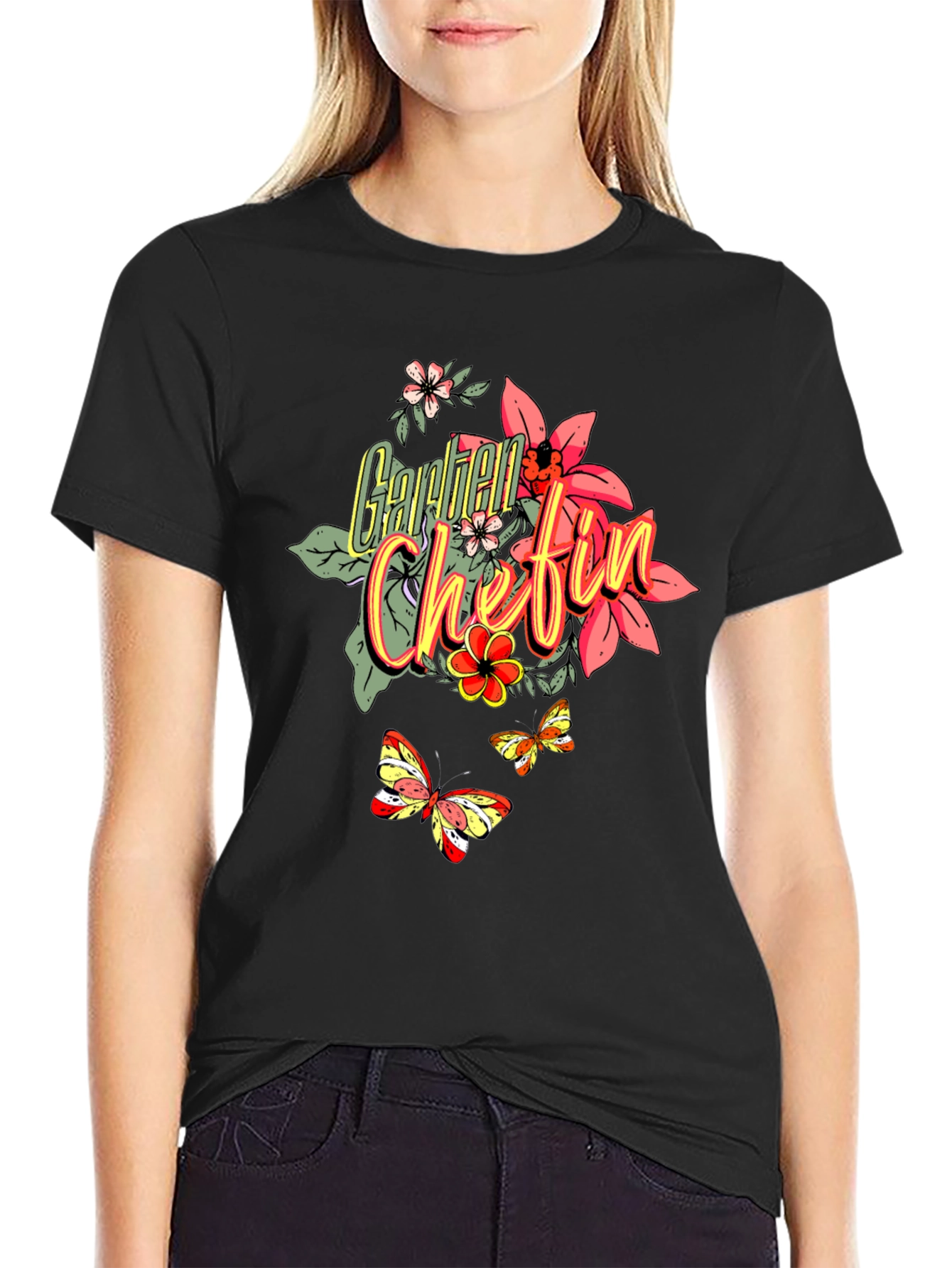 Floral Garden Chefin T-Shirt - Black