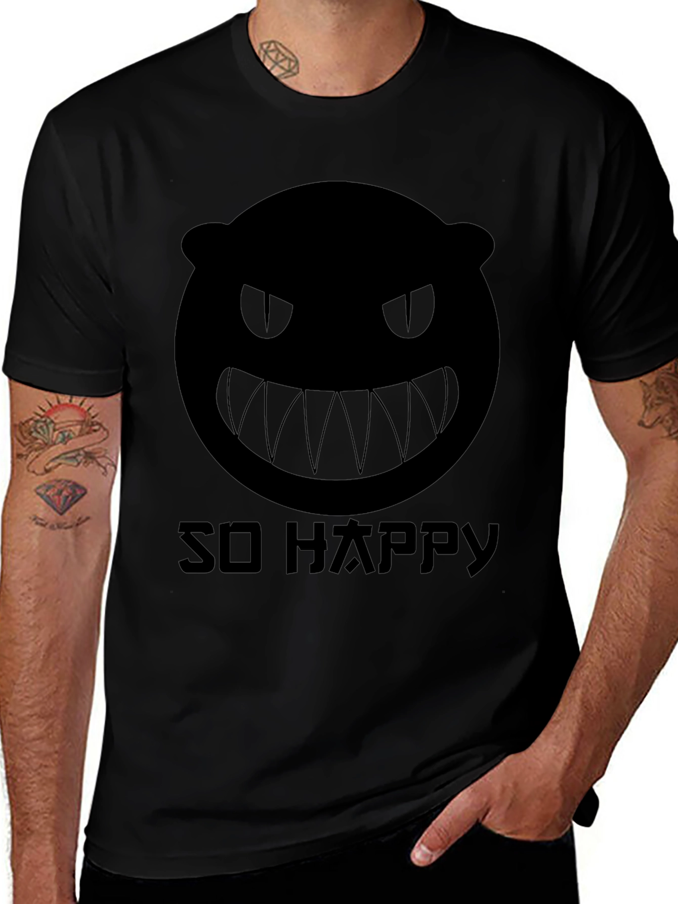 Mens Black Graphic Tee - So Happy Monster