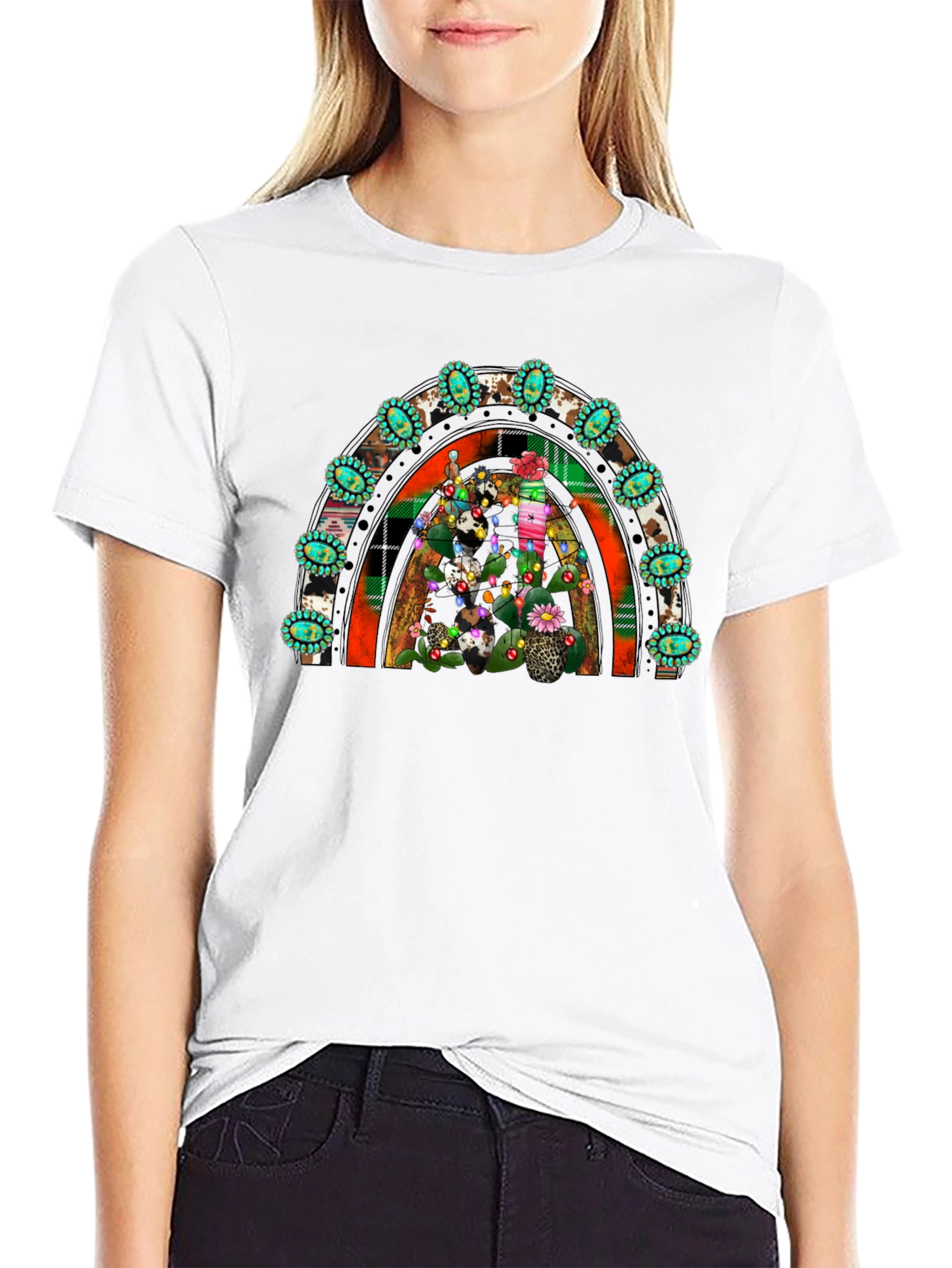 Festive Cactus Rainbow T-Shirt - Western Holiday Tee