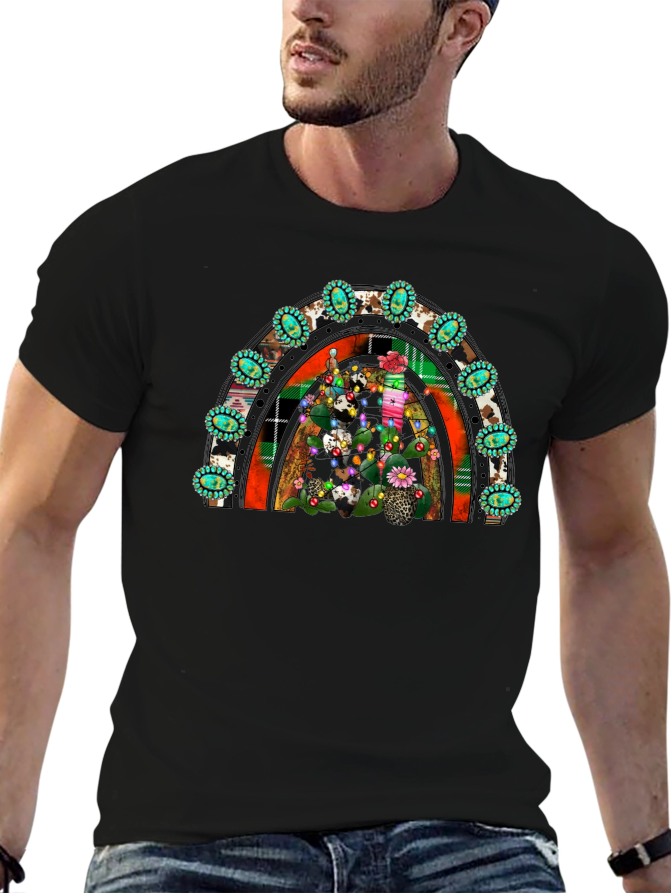 Festive Cactus Rainbow T-Shirt - Western Holiday Tee