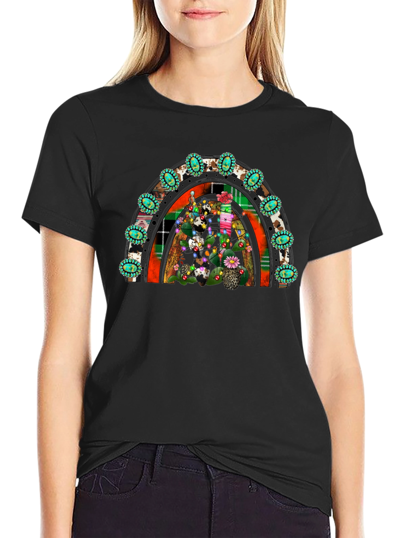 Festive Cactus Rainbow T-Shirt - Western Holiday Tee
