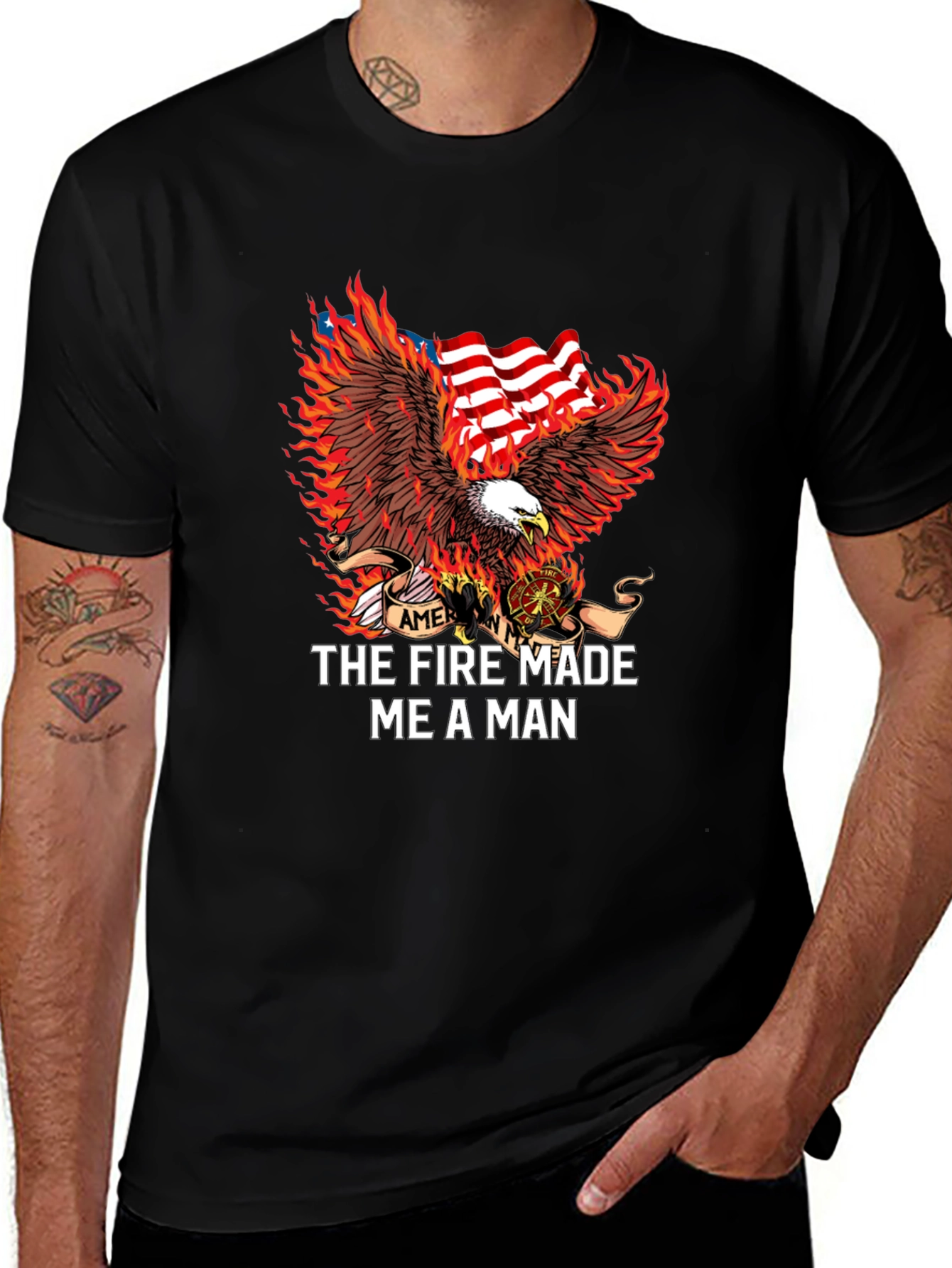 Firefighter Eagle American Flag Graphic T-Shirt