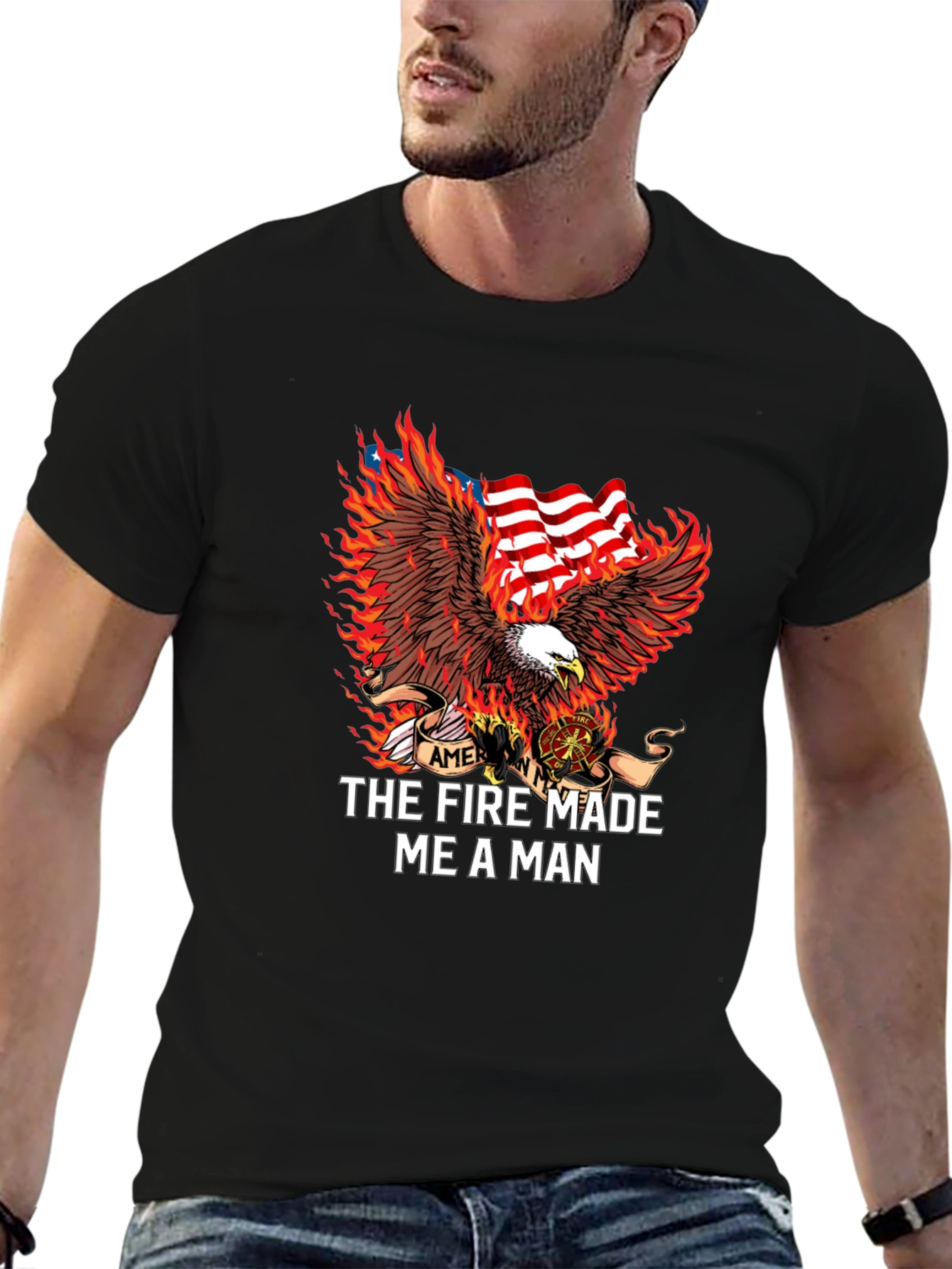 Firefighter Eagle American Flag Graphic T-Shirt