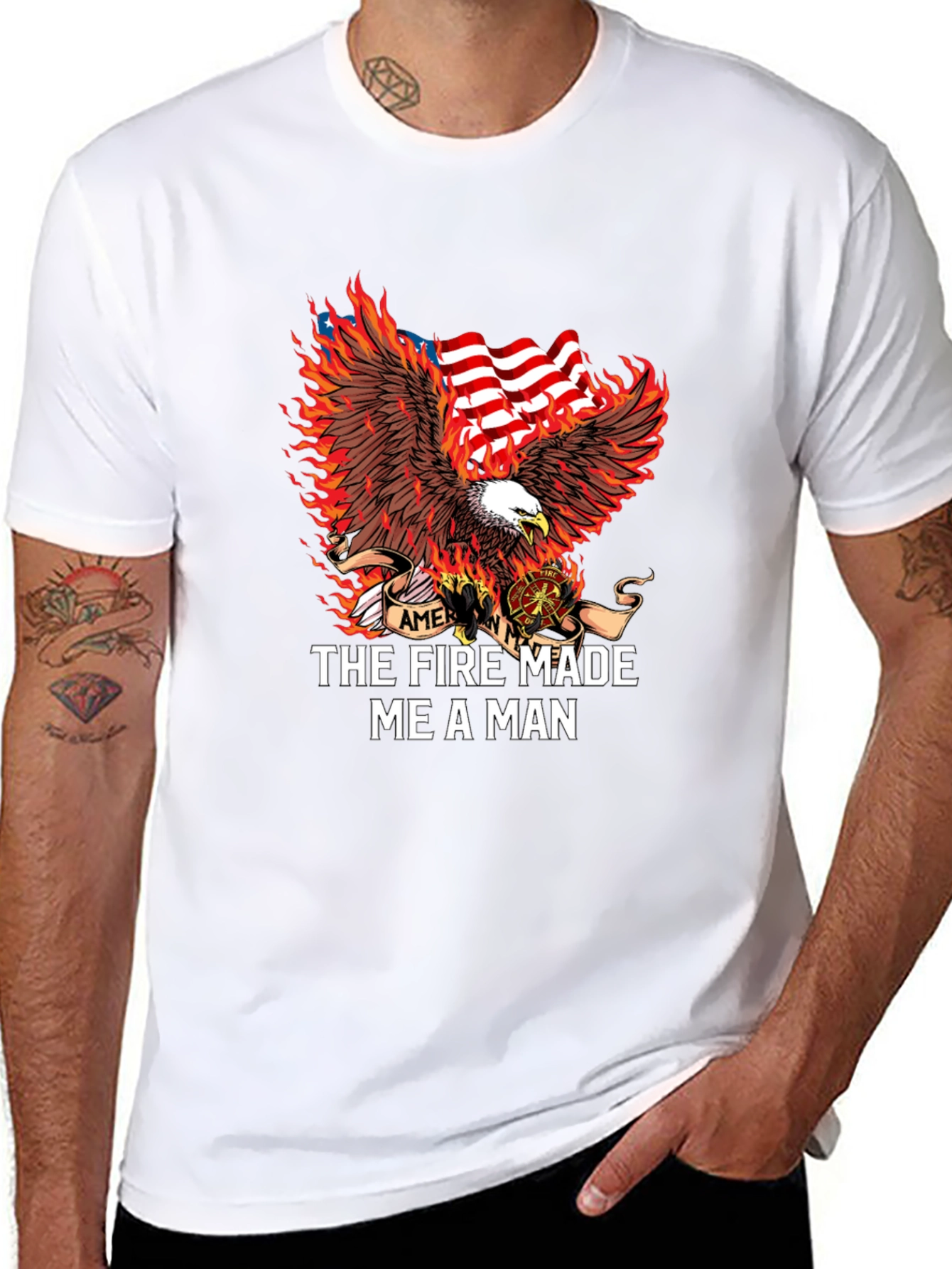 Firefighter Eagle American Flag Graphic T-Shirt