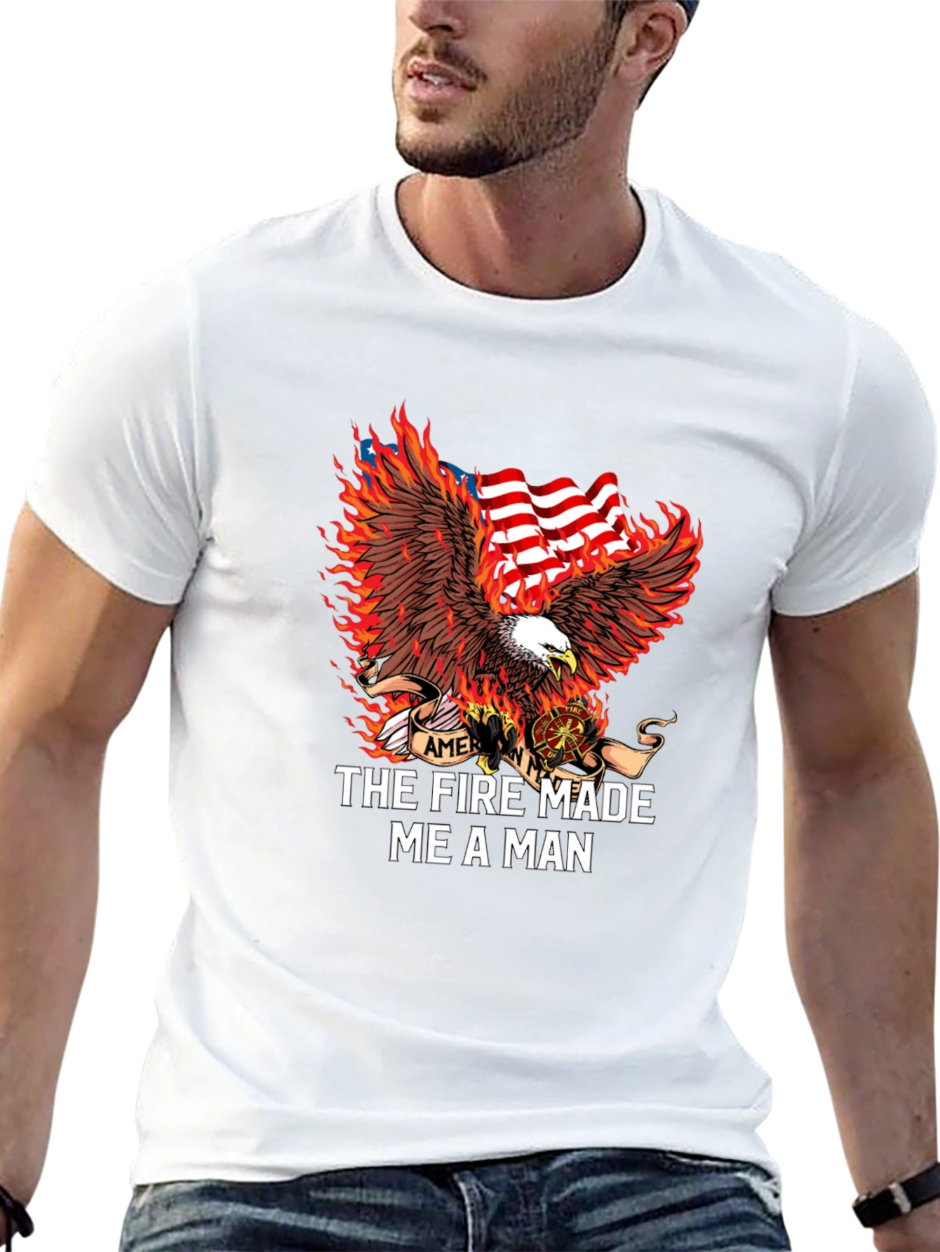 Firefighter Eagle American Flag Graphic T-Shirt