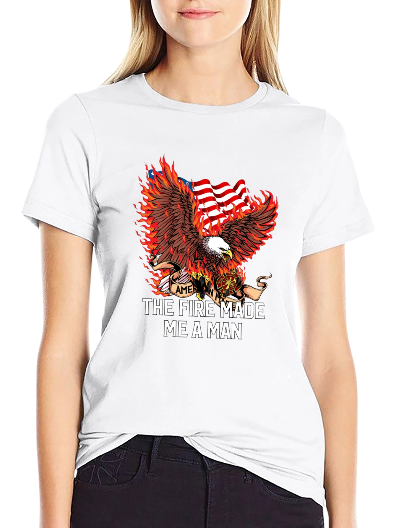 Firefighter Eagle American Flag Graphic T-Shirt