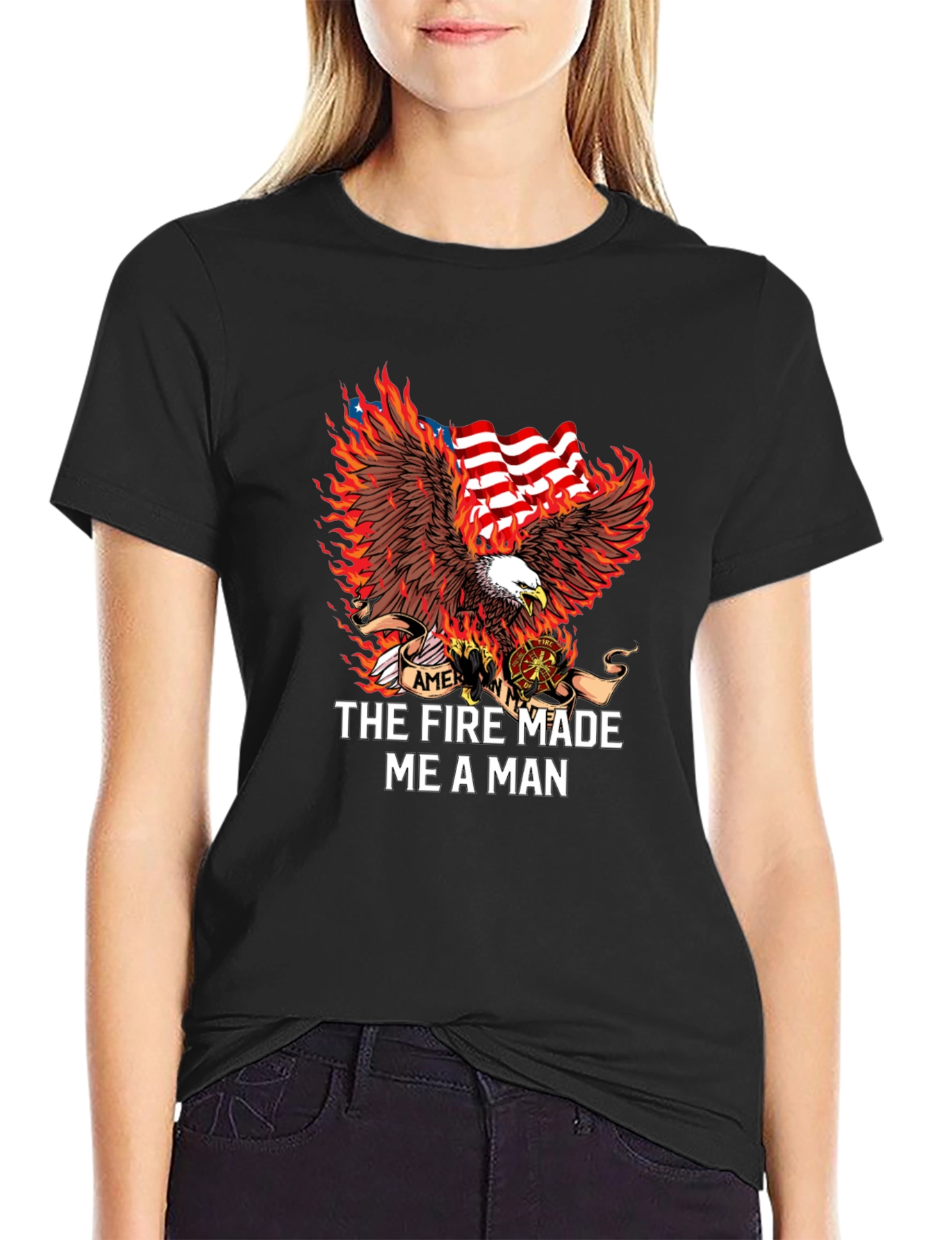 Firefighter Eagle American Flag Graphic T-Shirt