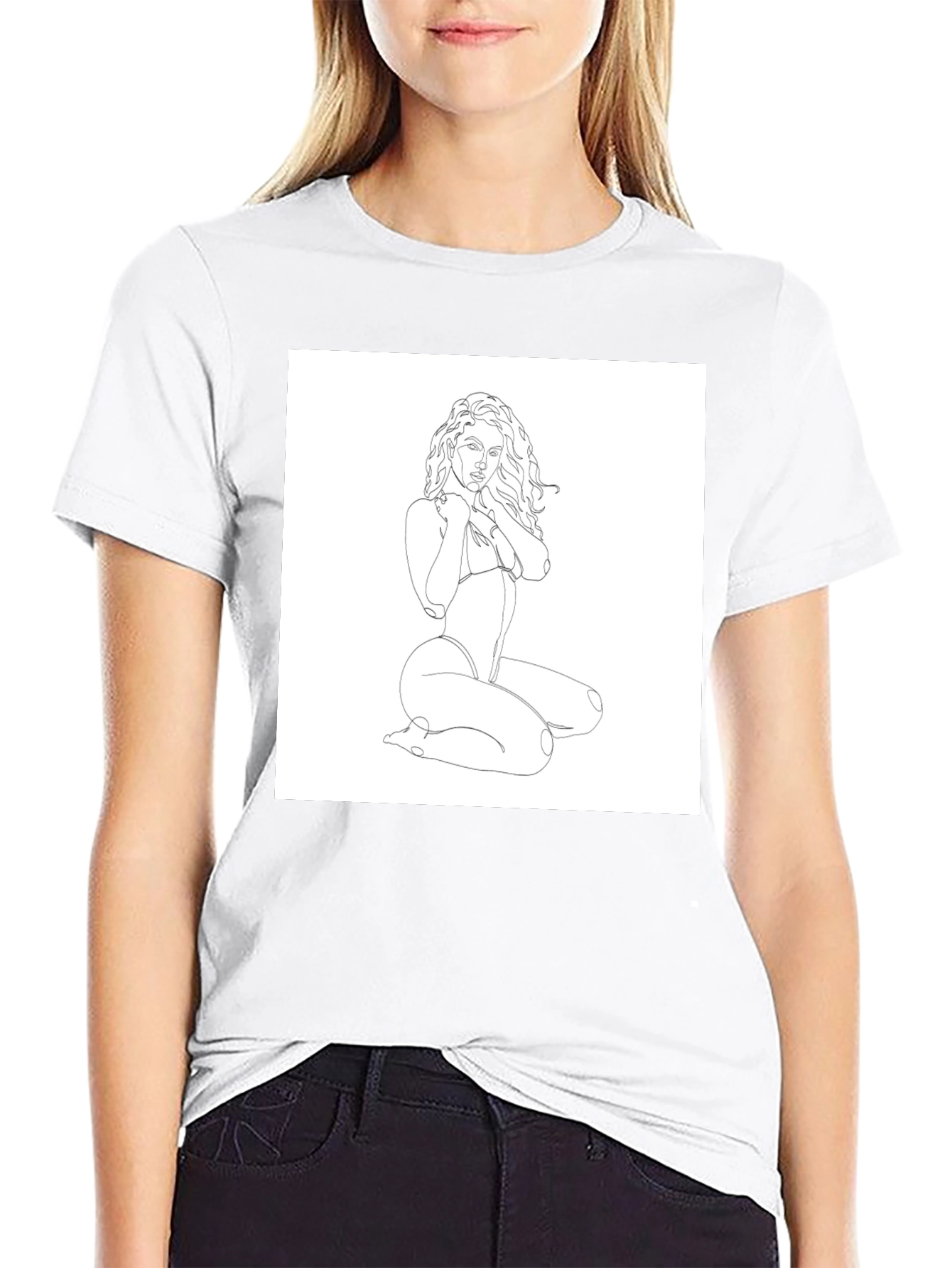 Minimalist Woman Line Art Black T-Shirt