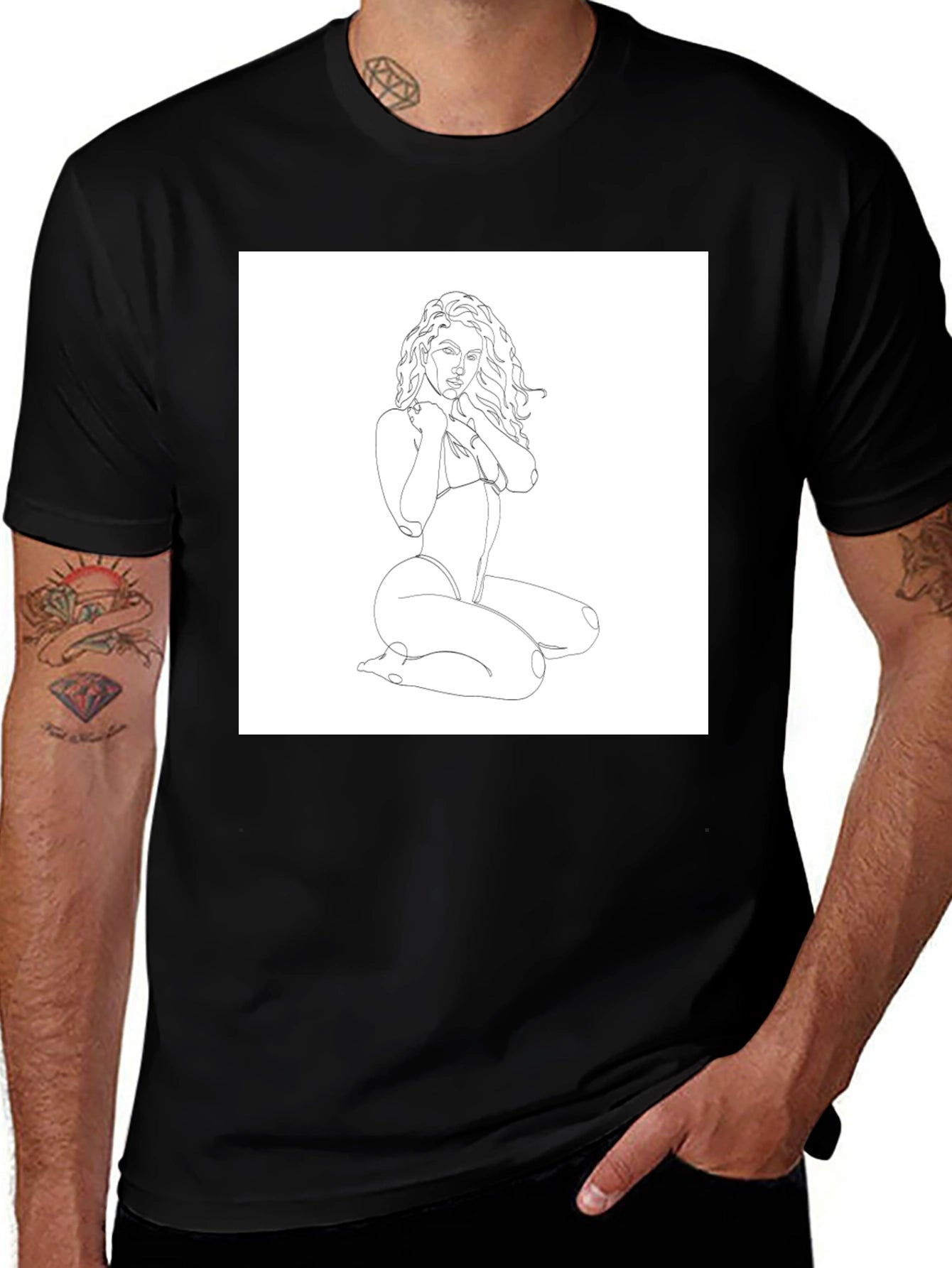 Minimalist Woman Line Art Black T-Shirt
