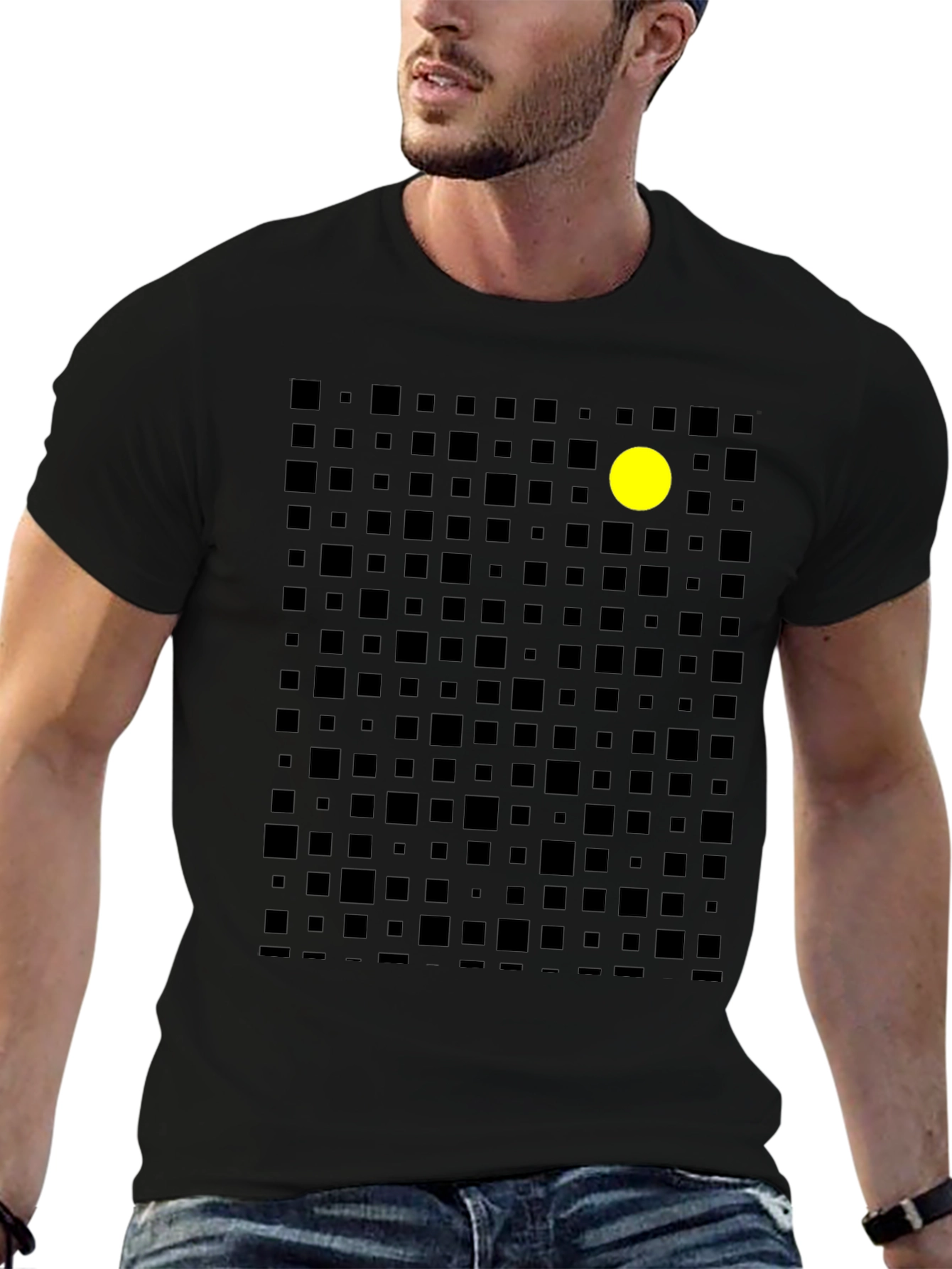 Geometric Black T-Shirt with Yellow Dot Accent