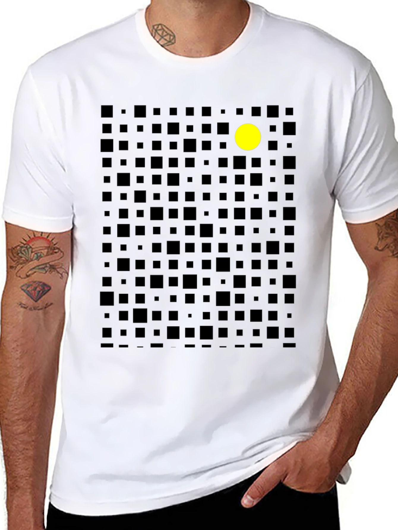 Geometric Black T-Shirt with Yellow Dot Accent