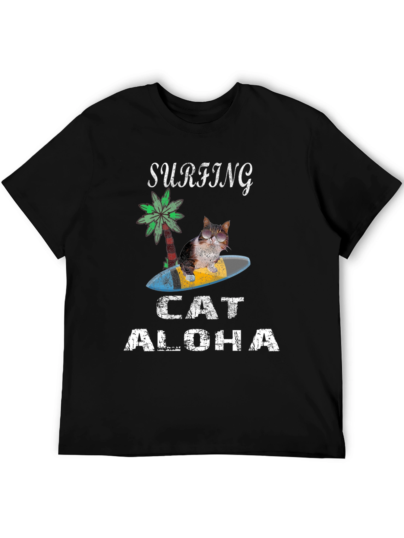 Surfing Cat Aloha T-Shirt - Black Tee