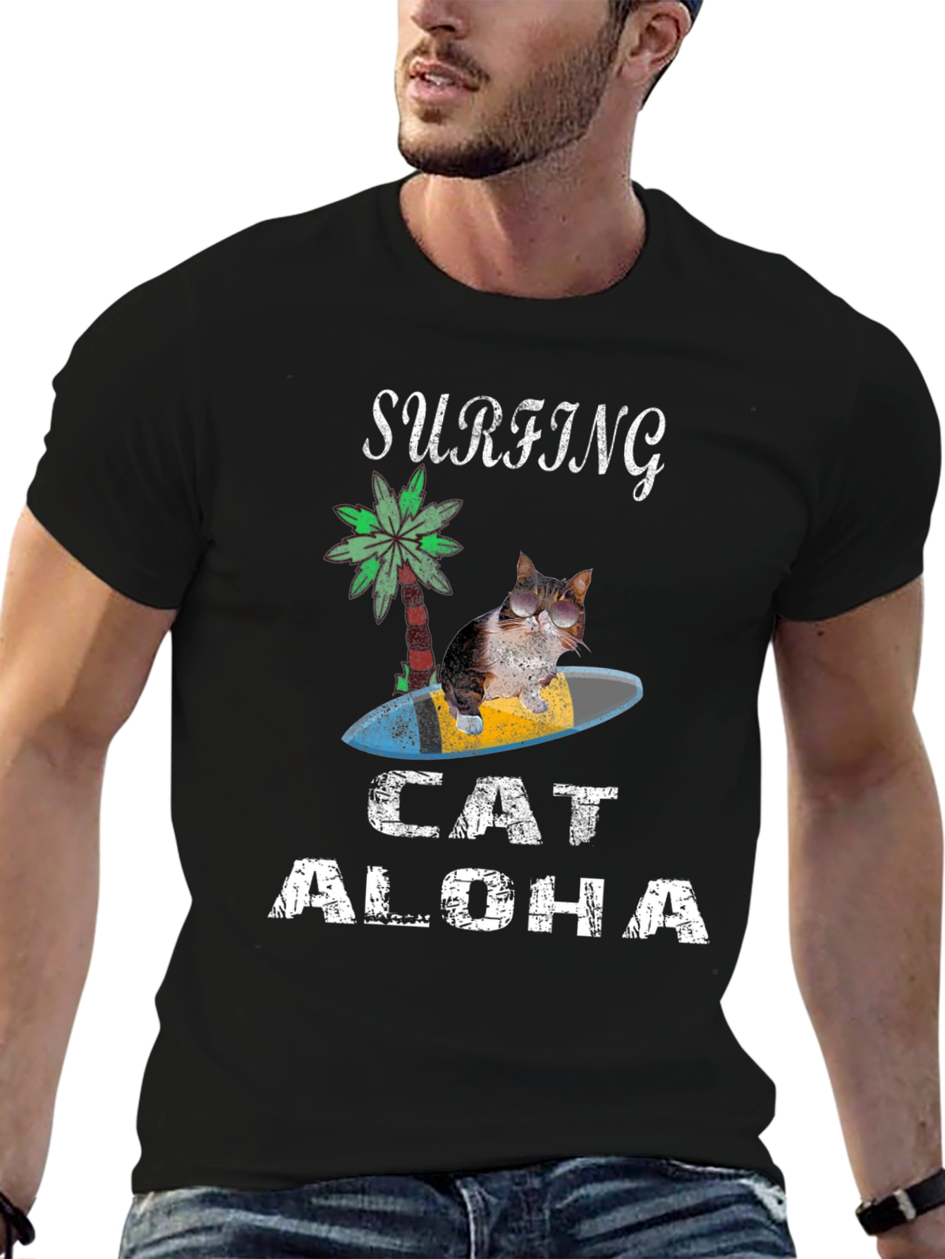 Surfing Cat Aloha T-Shirt - Black Tee