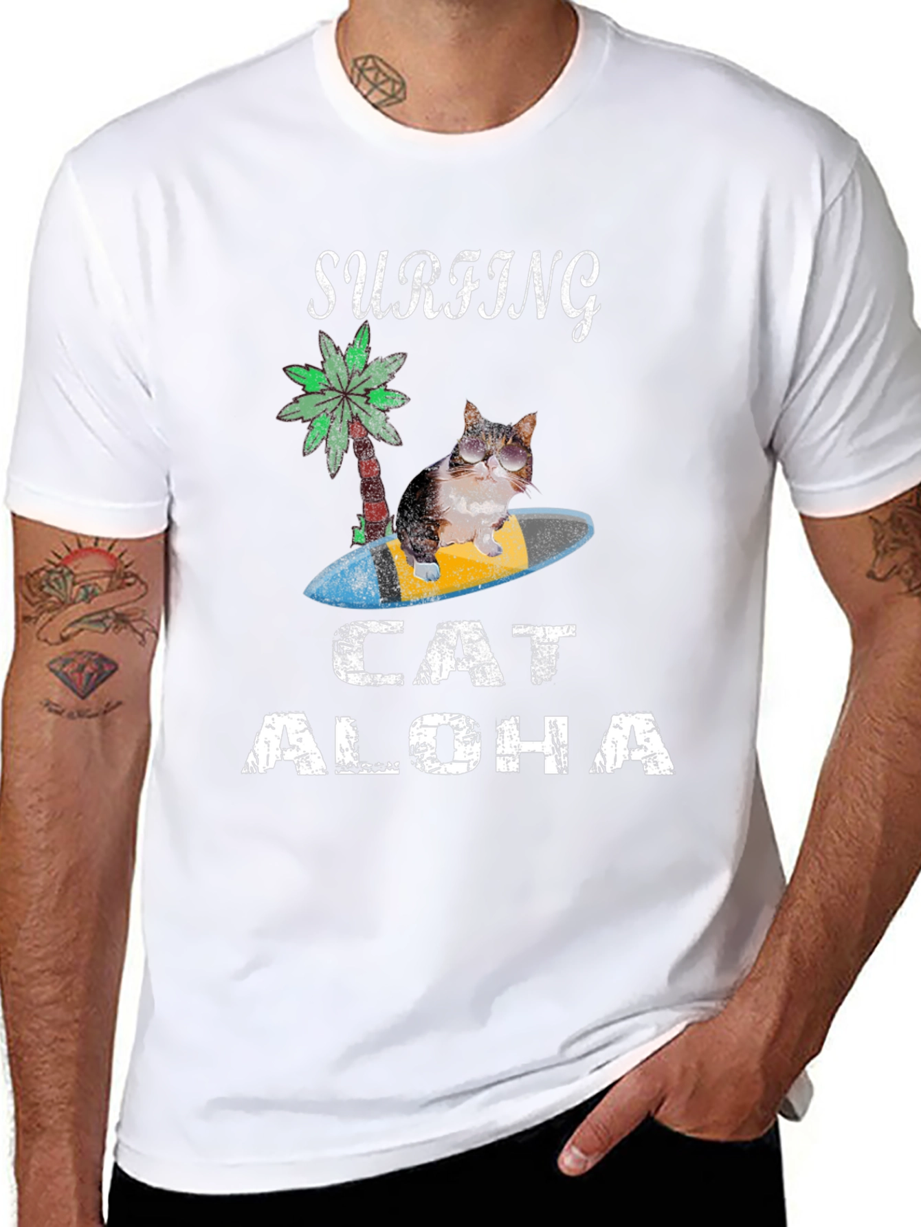 Surfing Cat Aloha T-Shirt - Black Tee