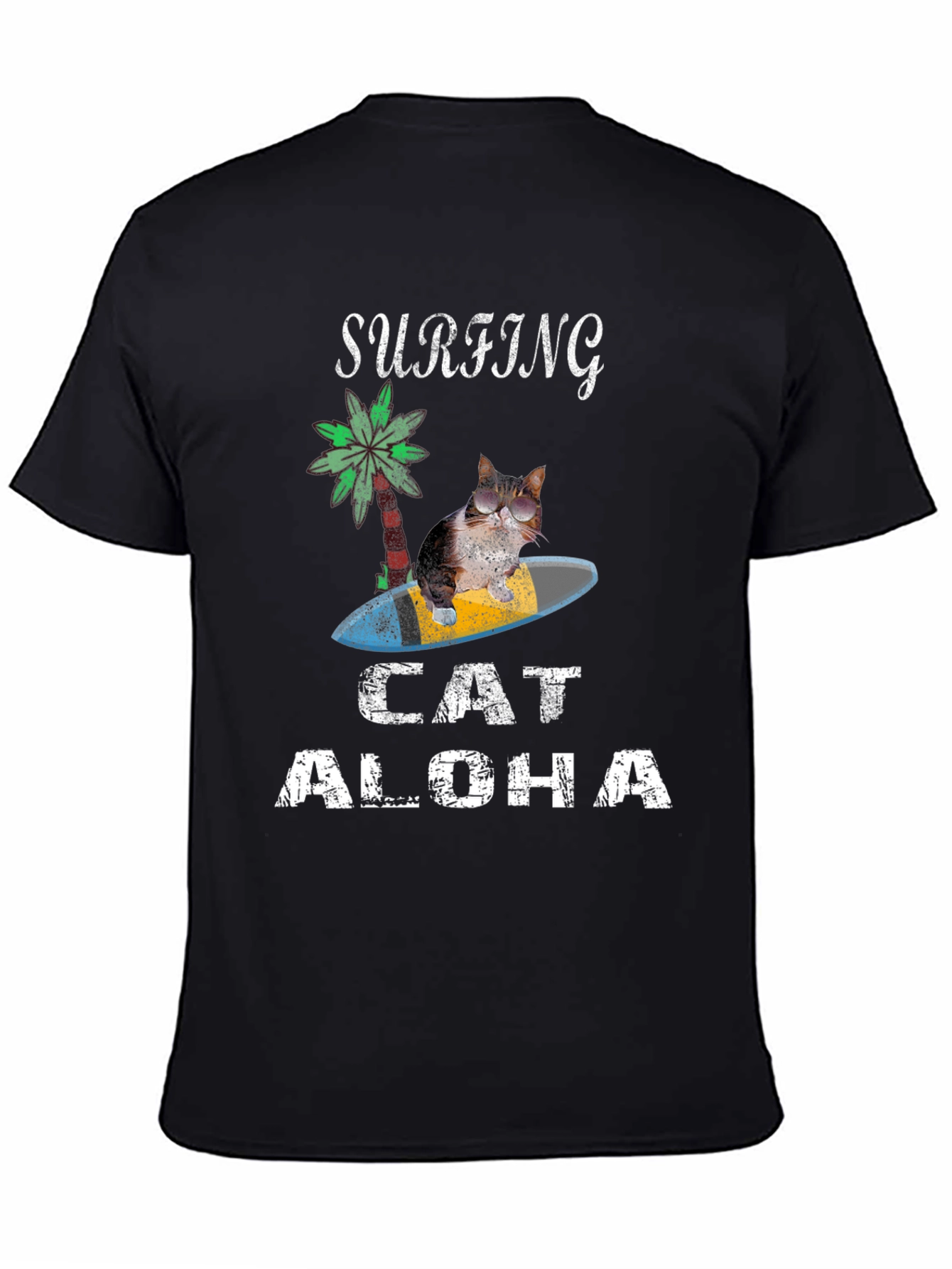 Surfing Cat Aloha T-Shirt - Black Tee
