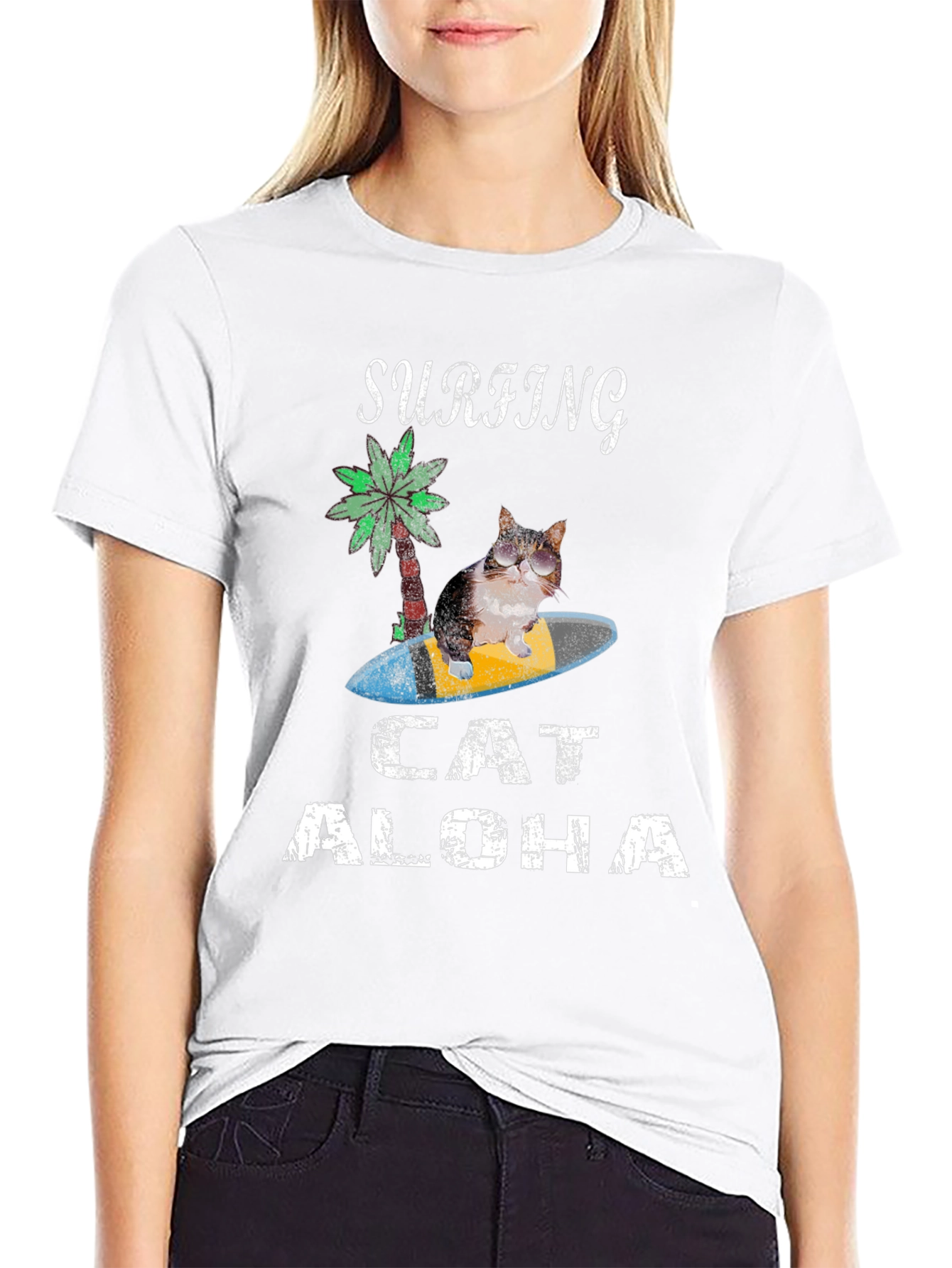 Surfing Cat Aloha T-Shirt - Black Tee
