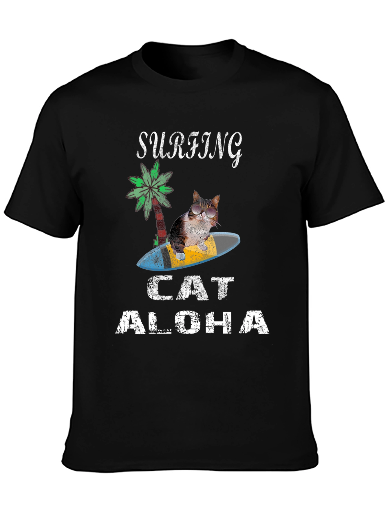 Surfing Cat Aloha T-Shirt - Black Tee