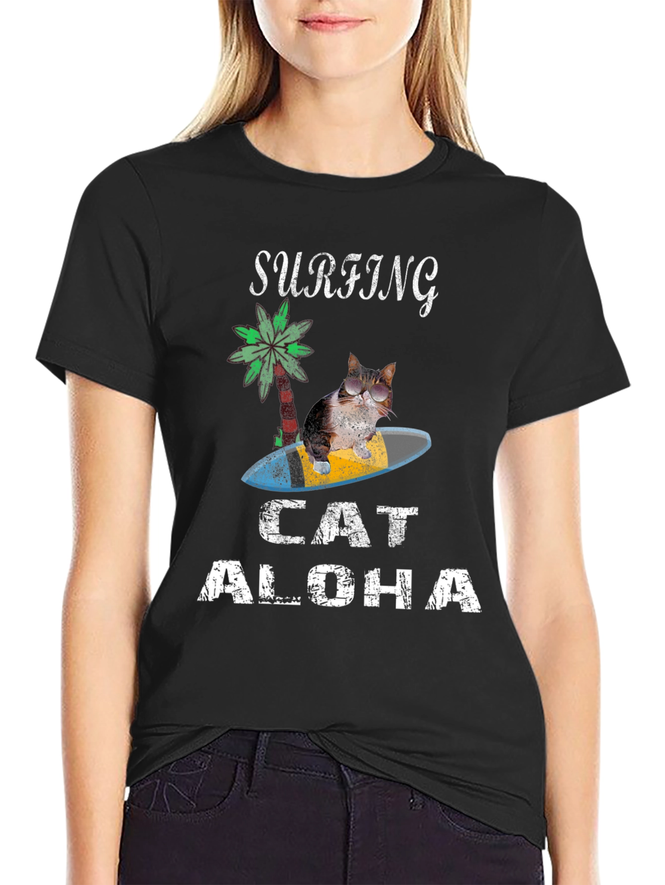 Surfing Cat Aloha T-Shirt - Black Tee