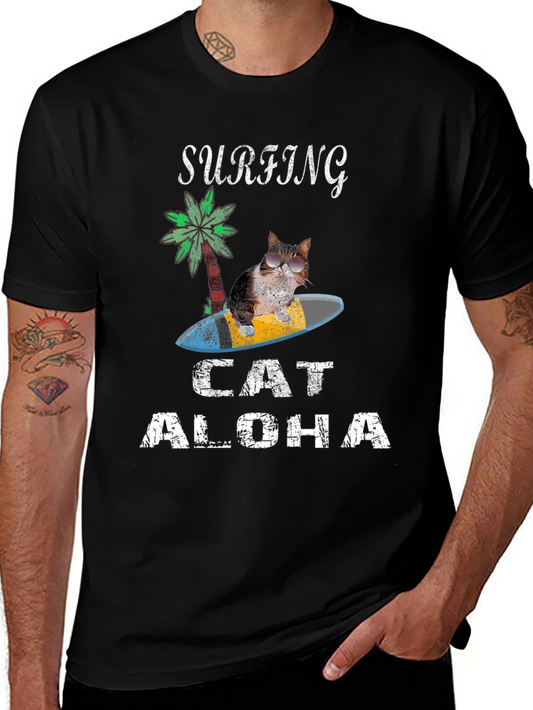 Surfing Cat Aloha T-Shirt - Black Tee
