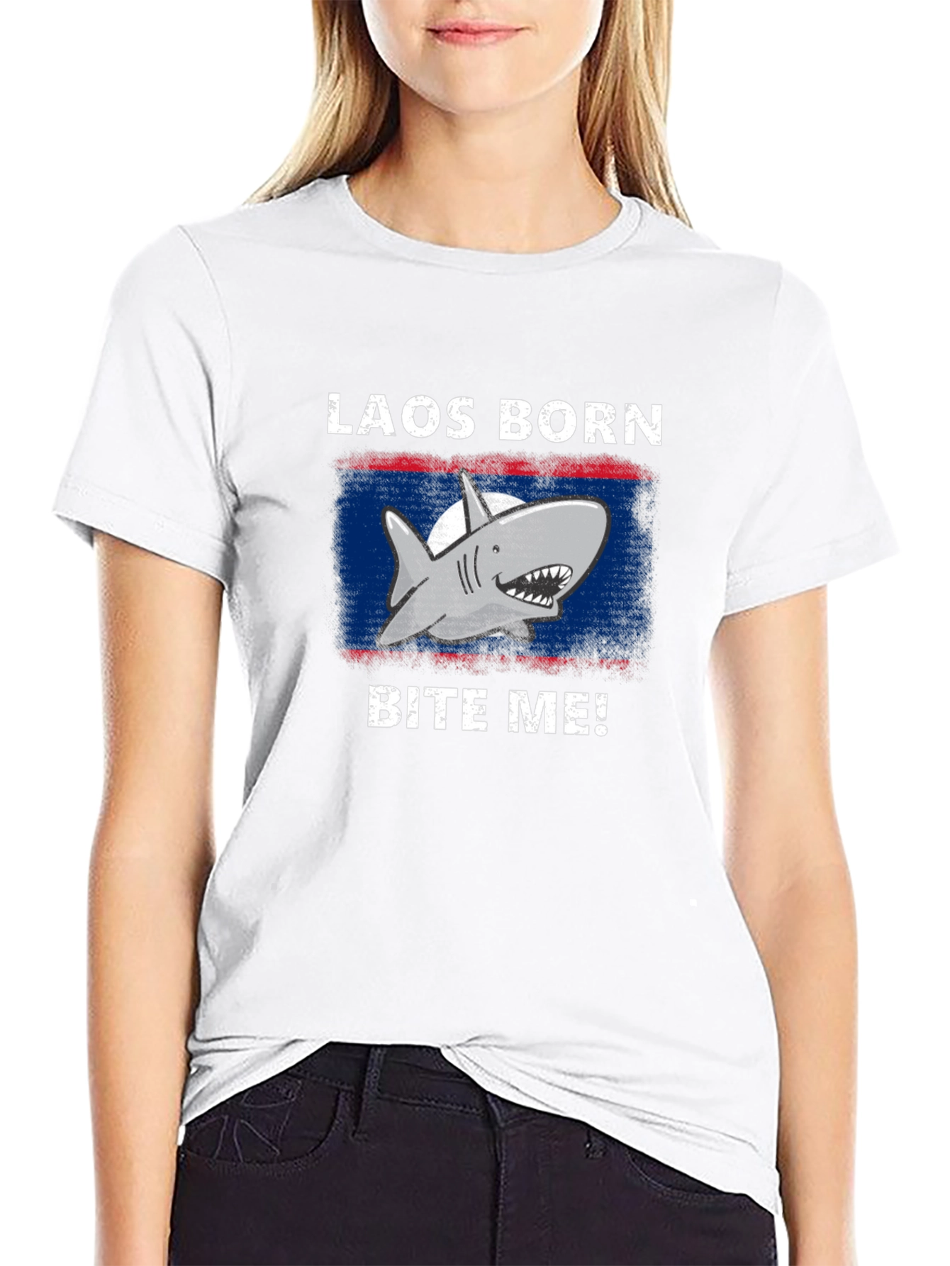 Laos Born Shark Bite Me! Mens Black T-Shirt