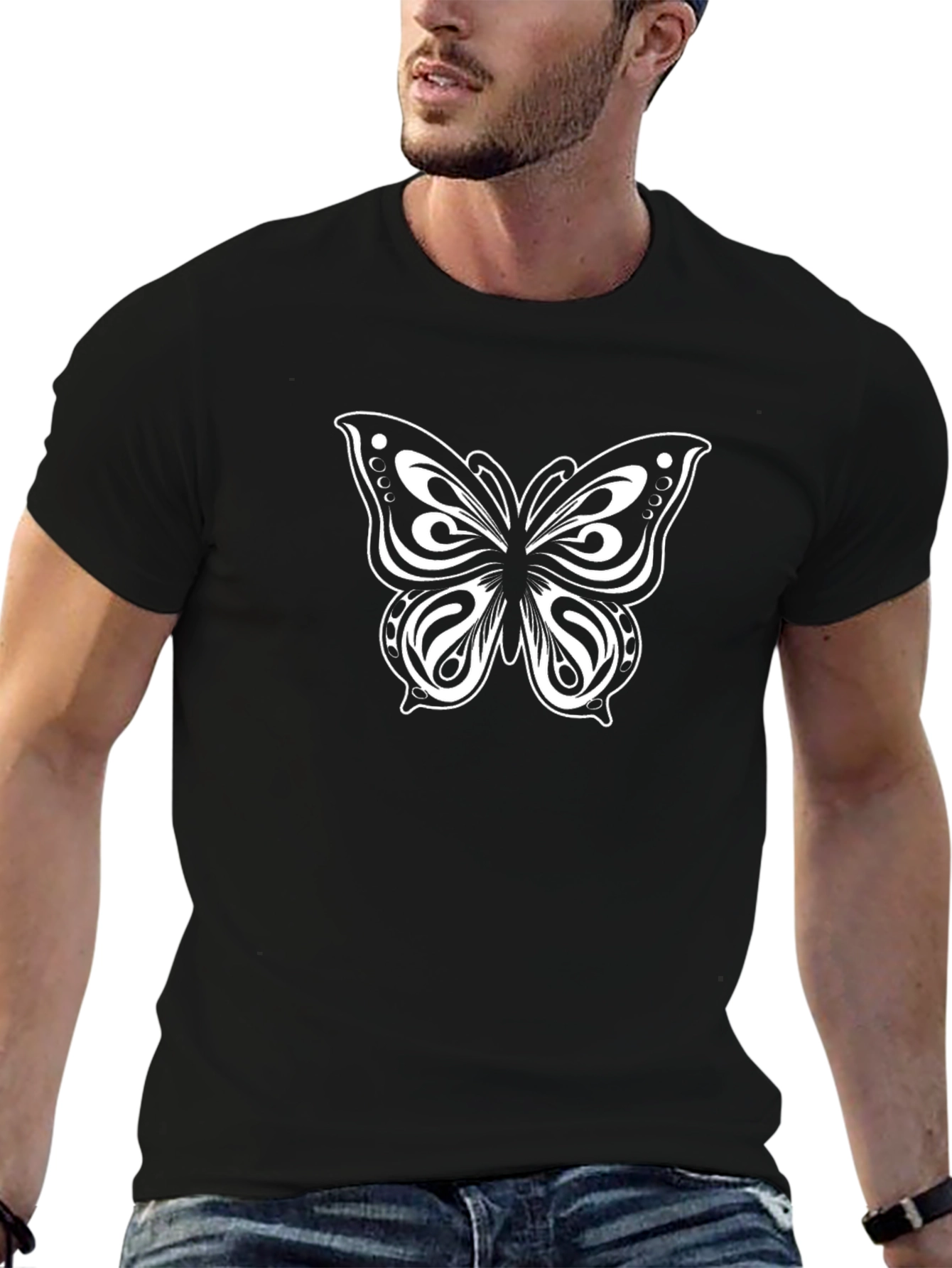 Black T-Shirt with Butterfly Graphic Print