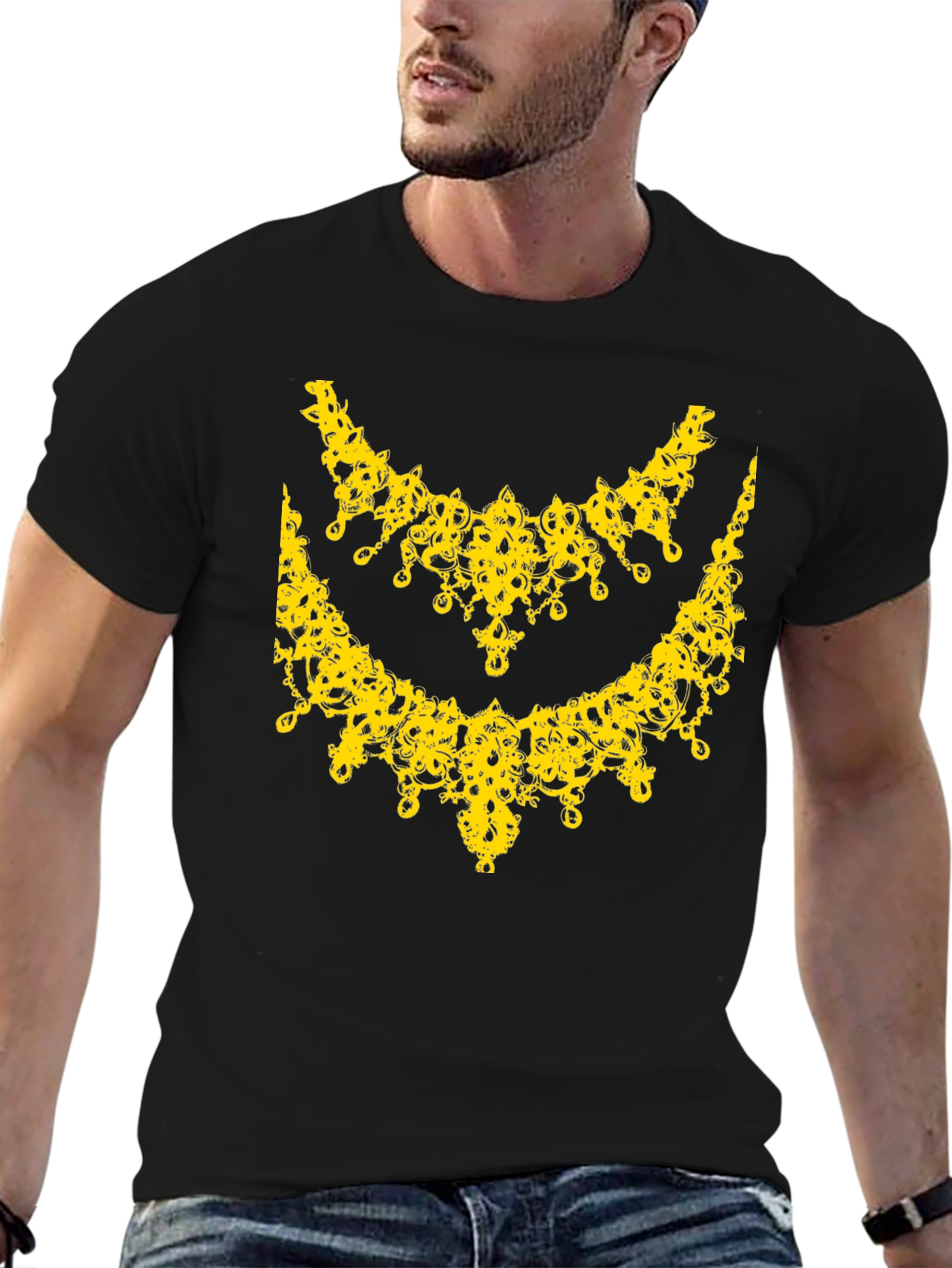 Elegant Yellow Necklace Design Black T-Shirt