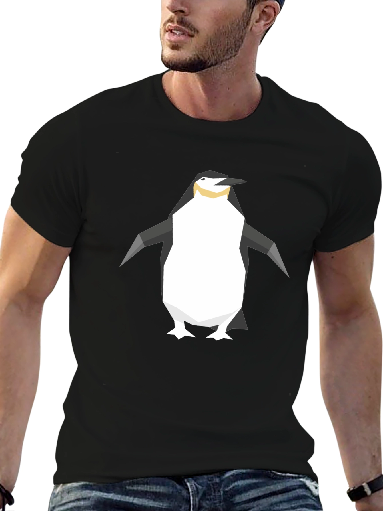 Geometric Penguin Graphic Tee - Black Cotton T-Shirt