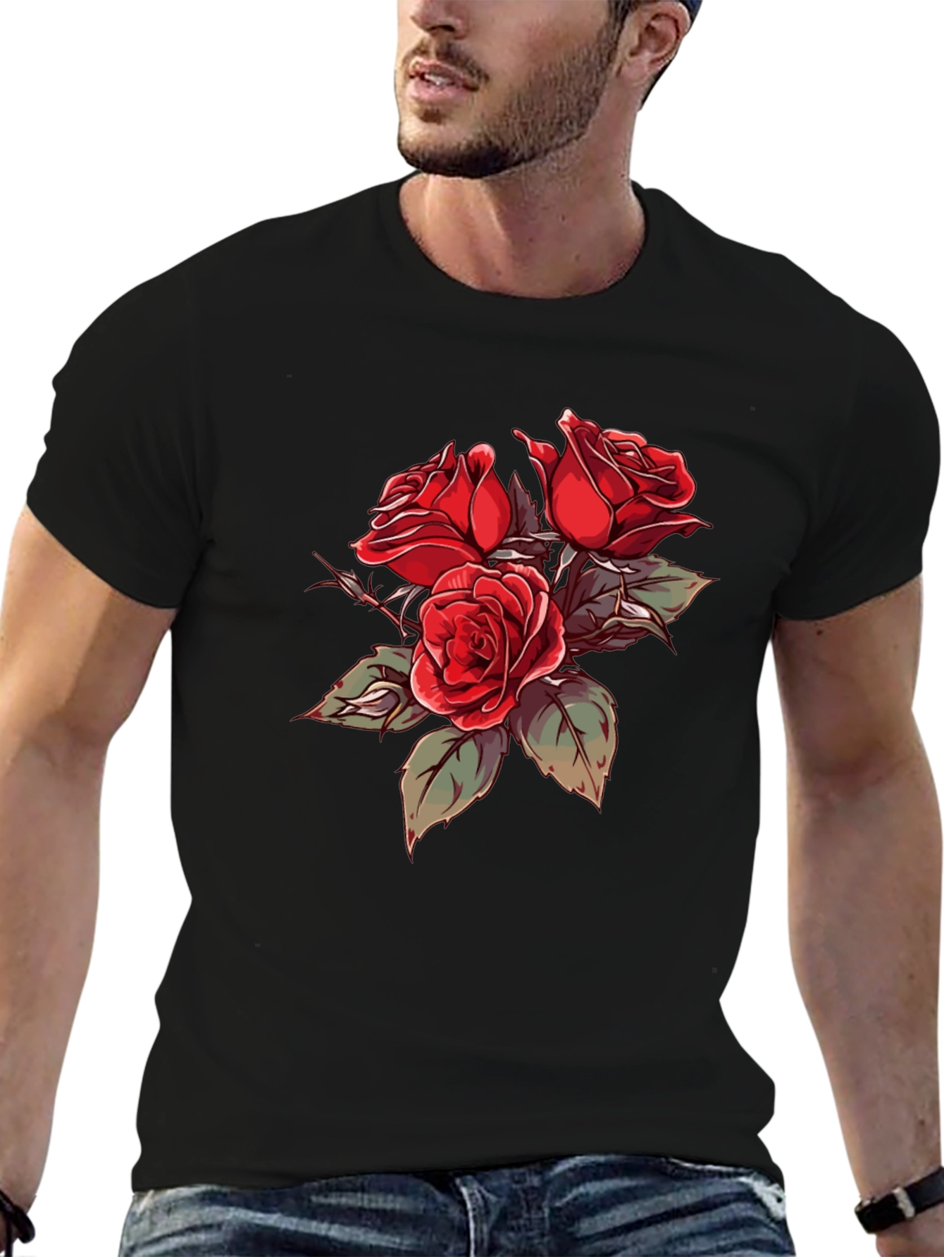 Black T-Shirt with Red Roses Graphic