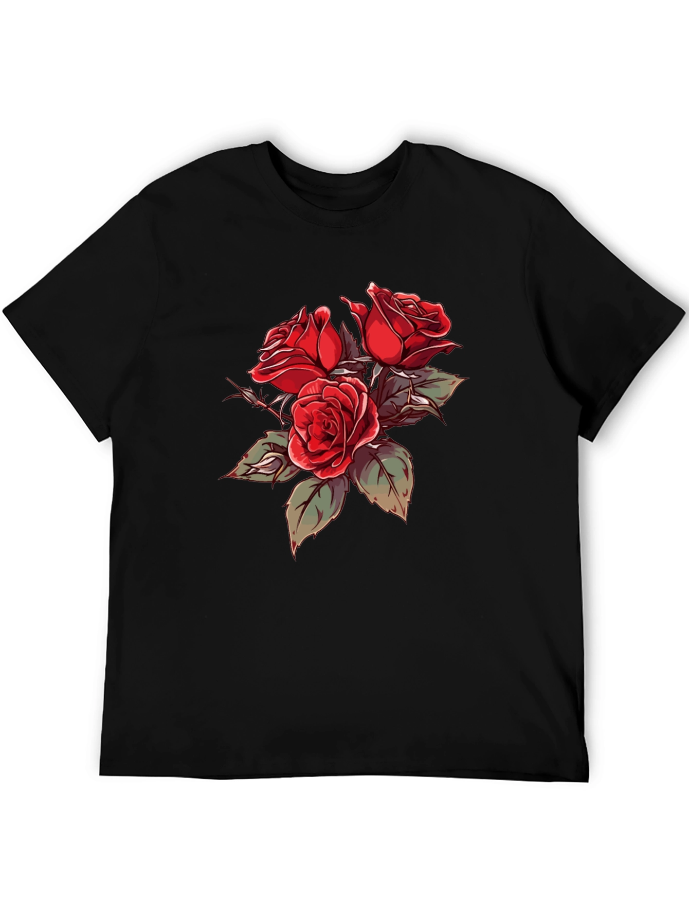 Black T-Shirt with Red Roses Graphic
