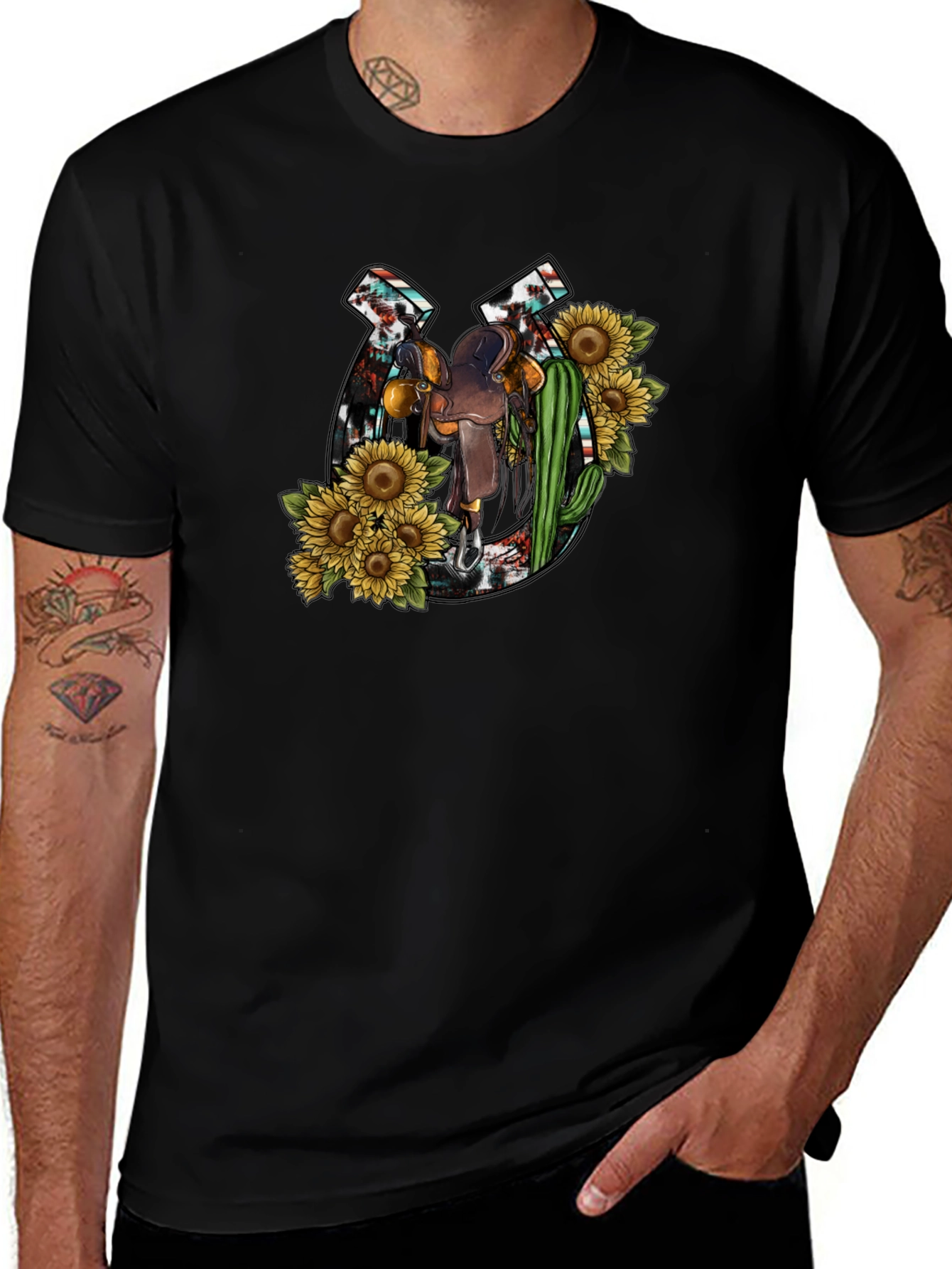 Rustic Horseshoe & Saddle Sunflower Graphic Tee