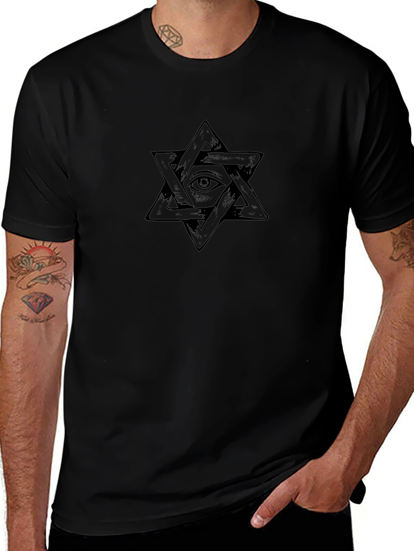 Mens Black T-Shirt - Star of David Eye Design