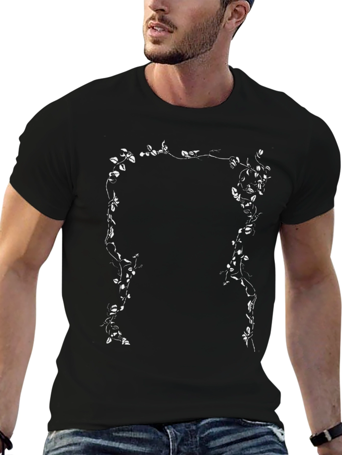 Botanical Vine Graphic Tee - Black Cotton T-Shirt