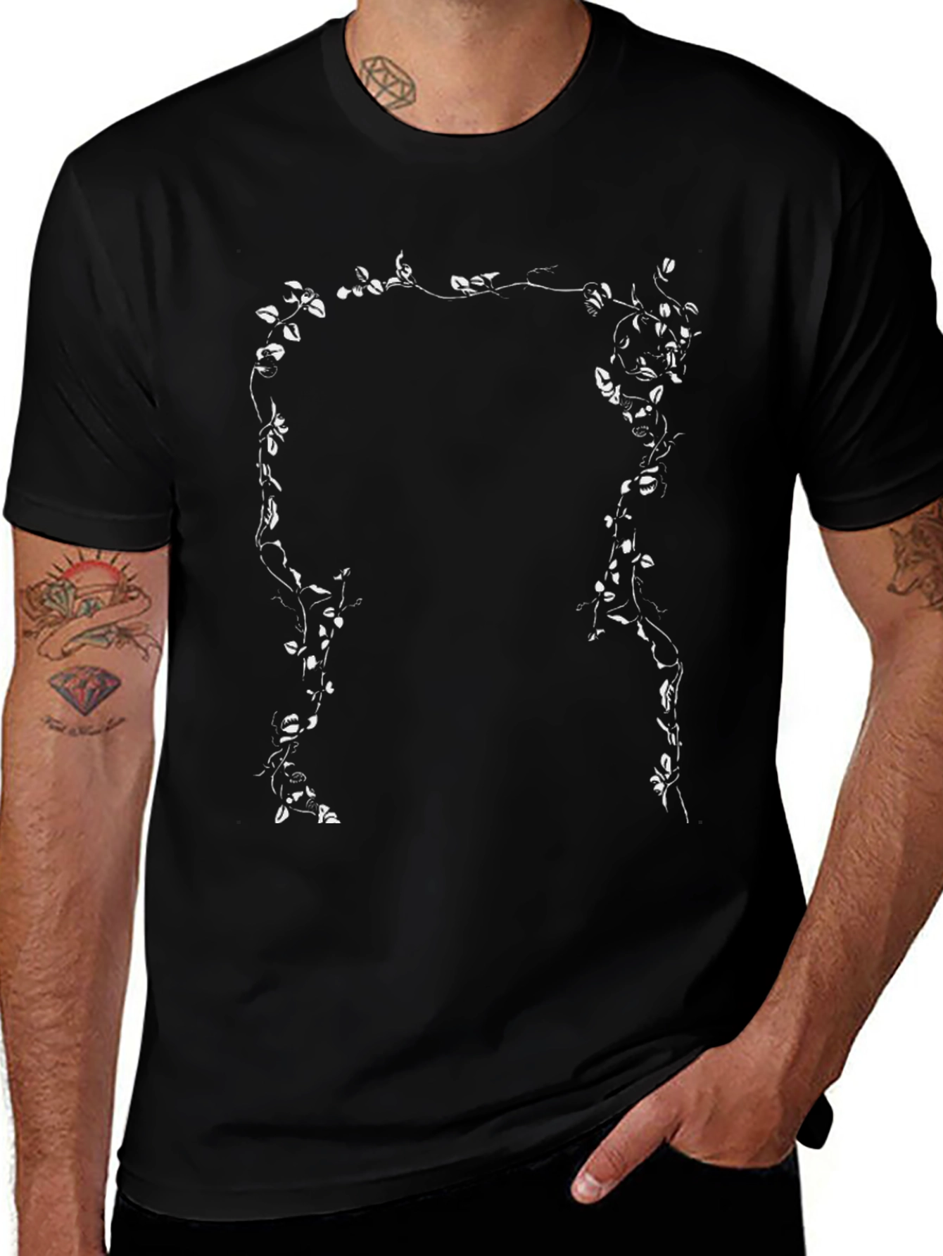 Botanical Vine Graphic Tee - Black Cotton T-Shirt