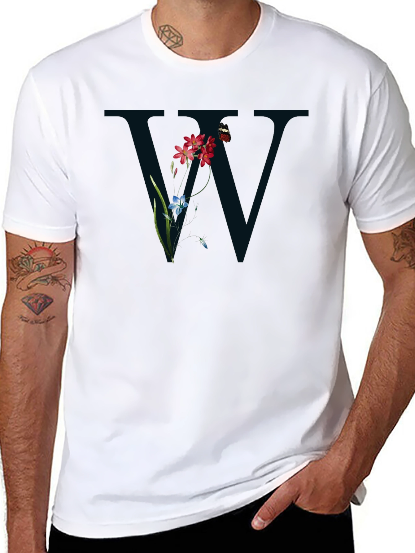 Floral Letter W Black T-Shirt