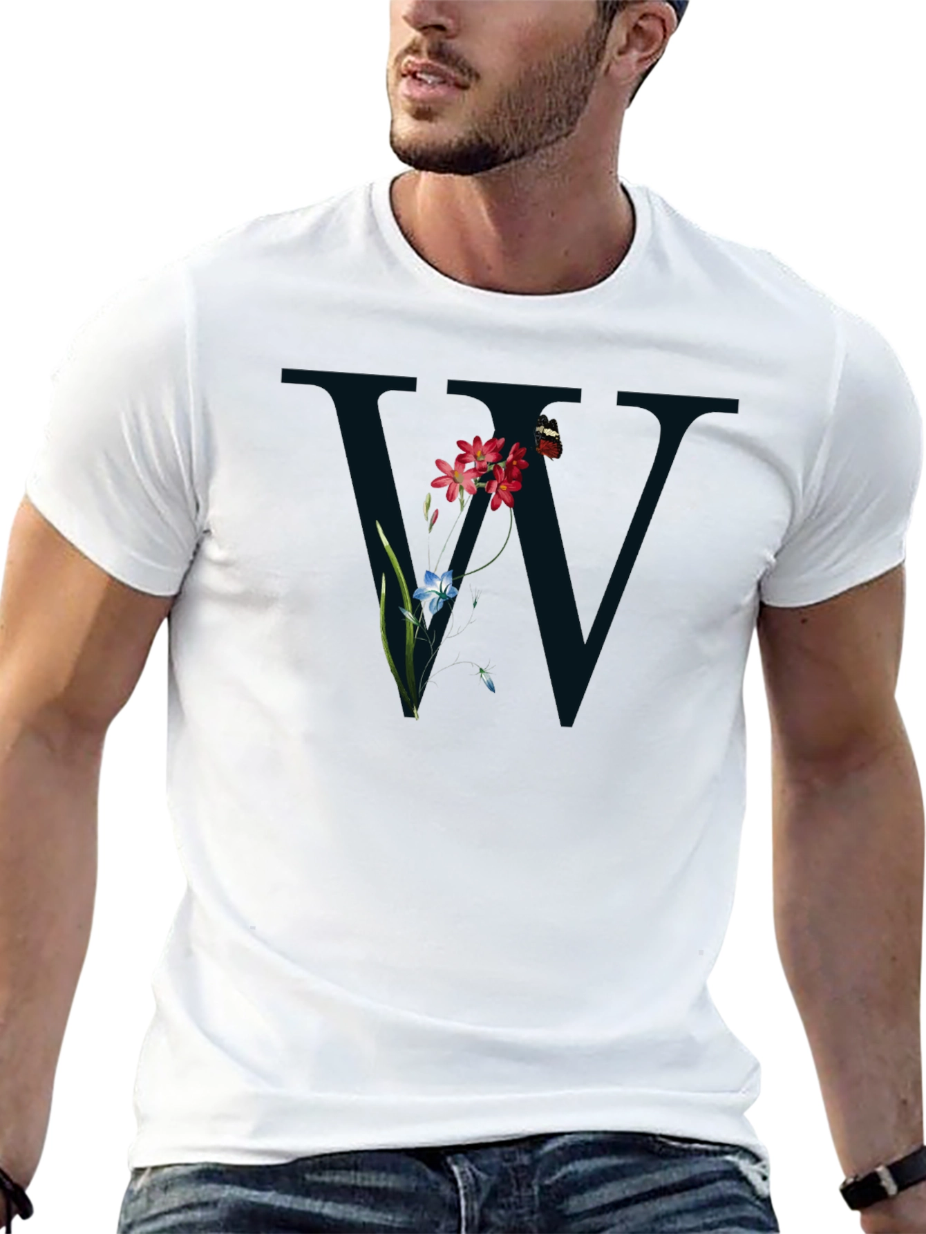 Floral Letter W Black T-Shirt