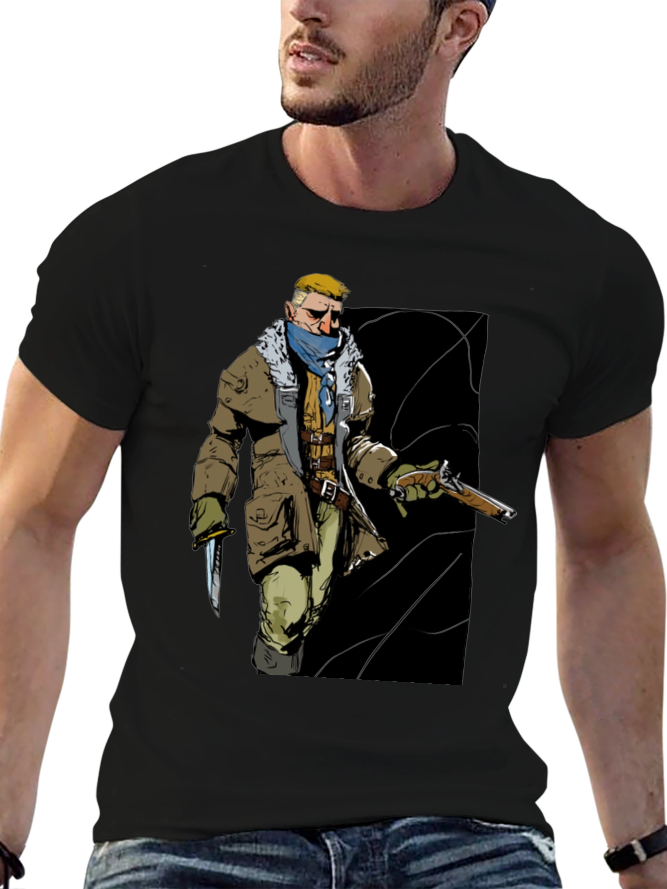 Graphic Tee: Adventurer with Gun & Knife Black T-Shirt