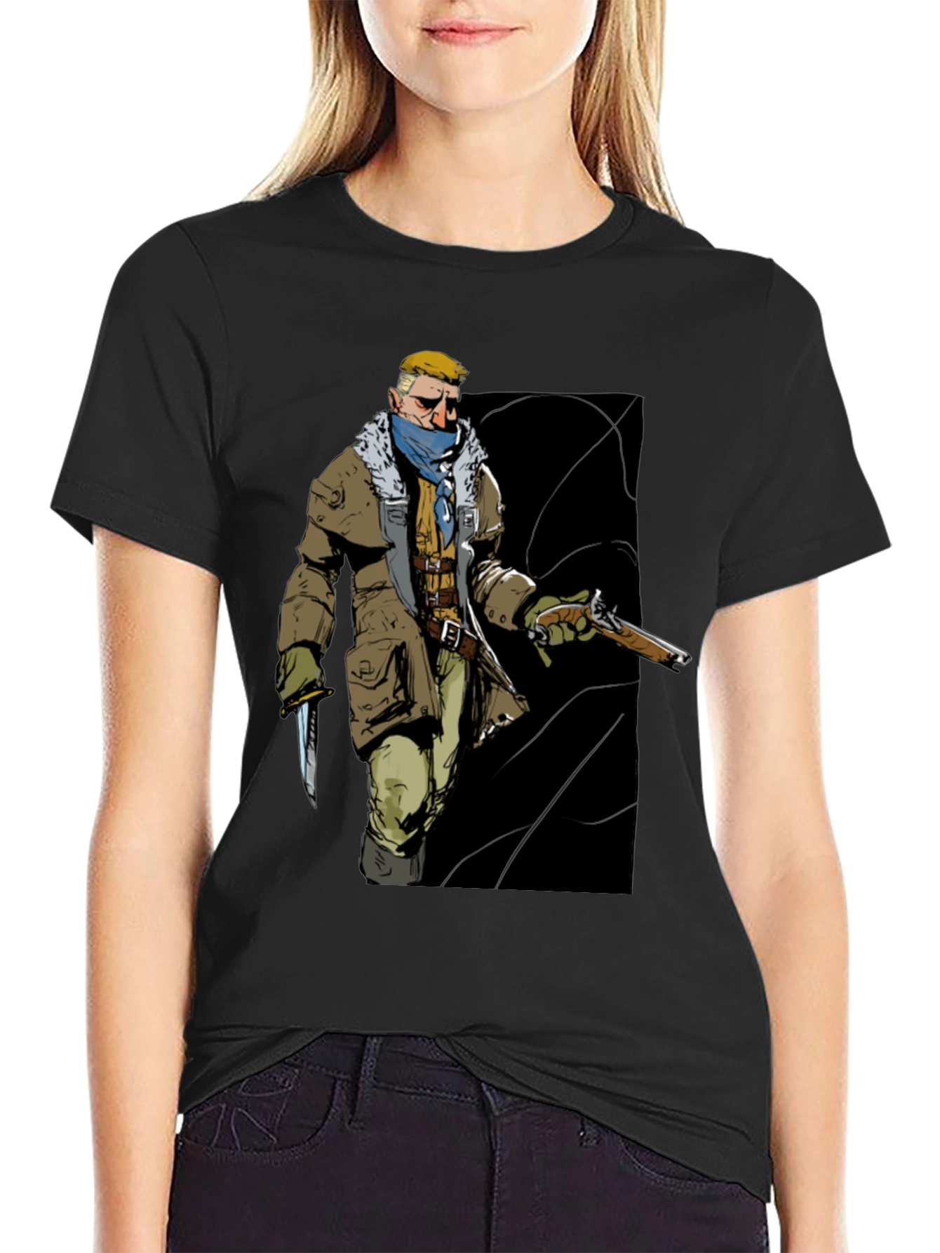 Graphic Tee: Adventurer with Gun & Knife Black T-Shirt