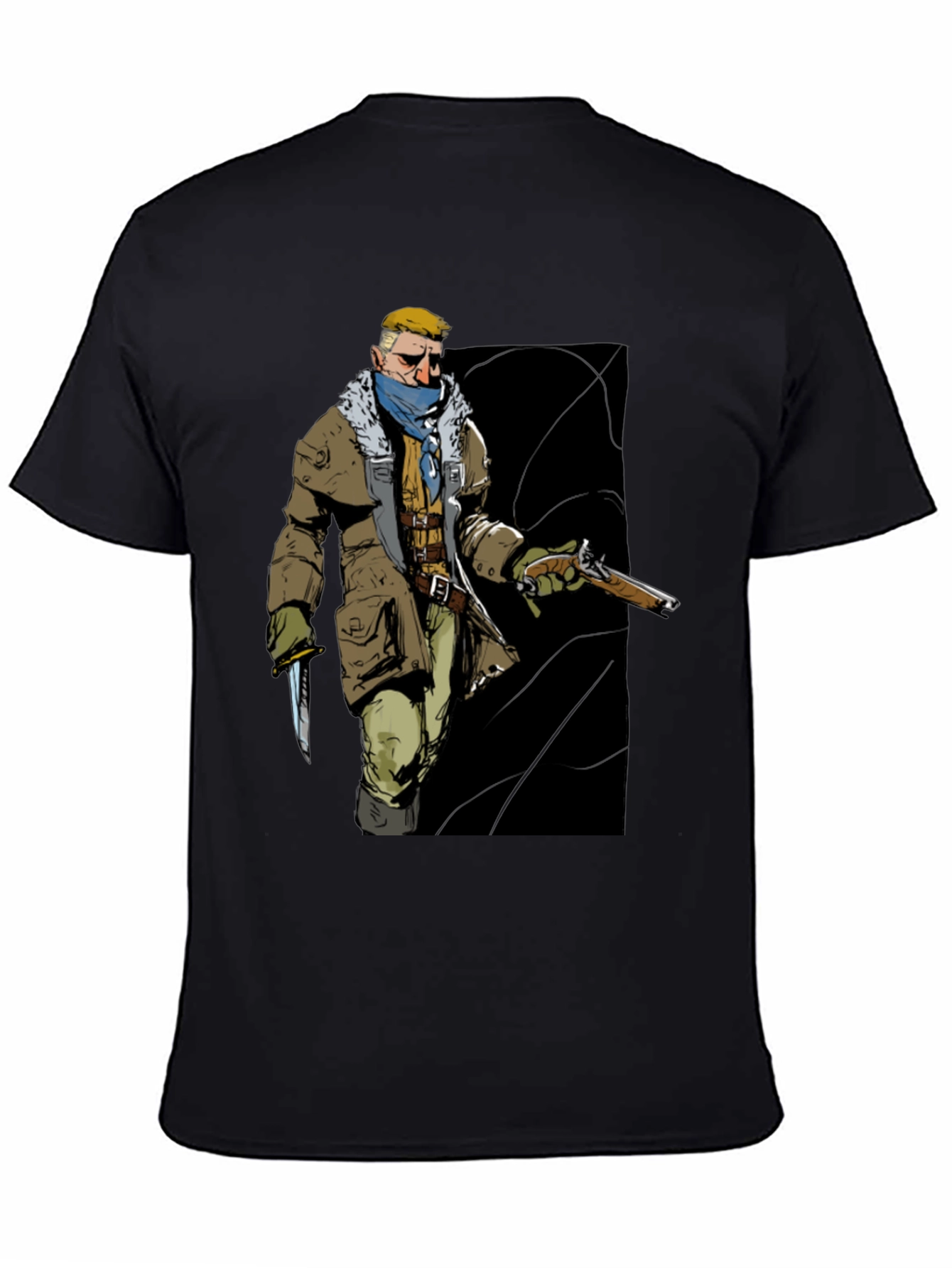 Graphic Tee: Adventurer with Gun & Knife Black T-Shirt