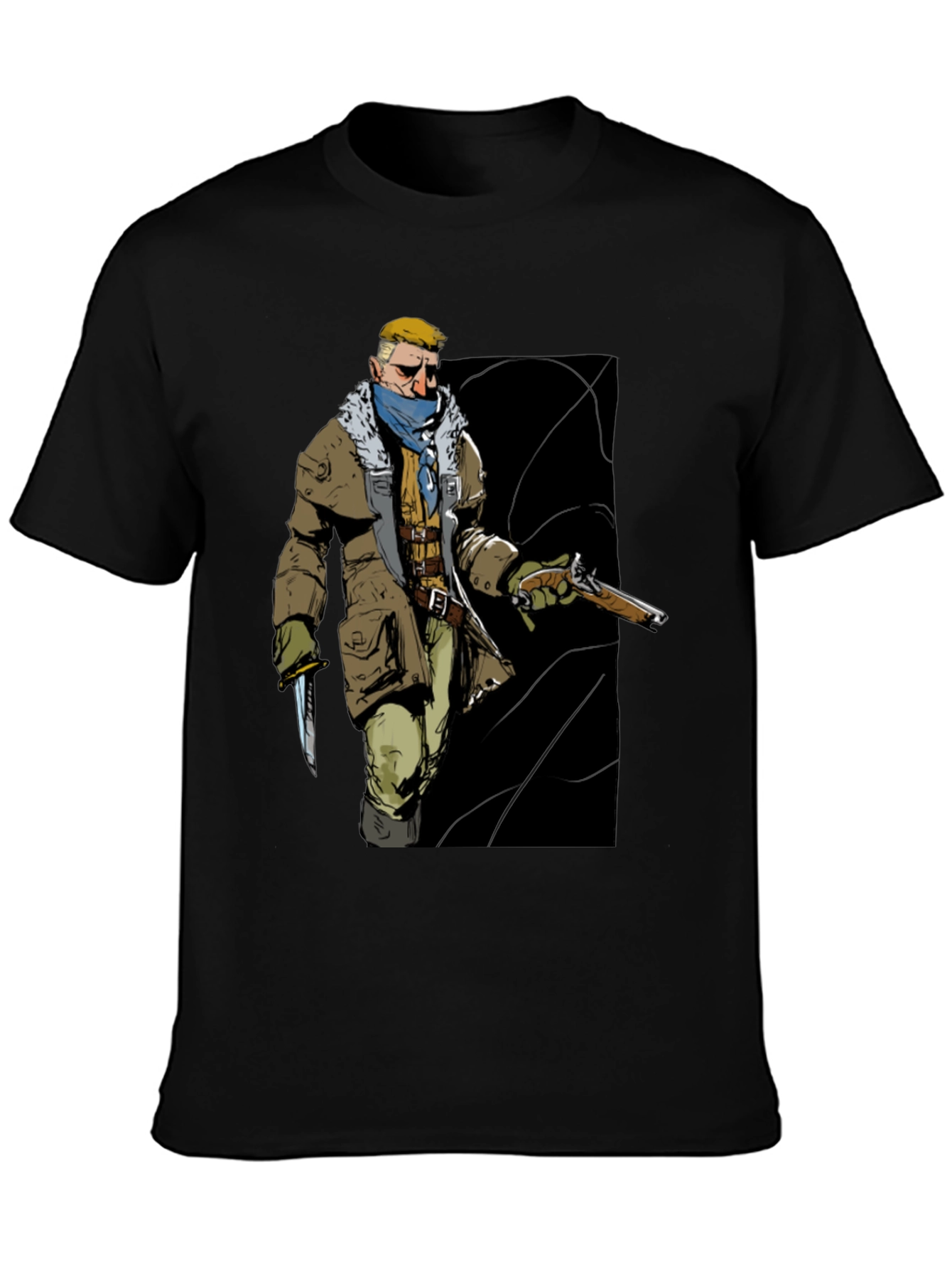 Graphic Tee: Adventurer with Gun & Knife Black T-Shirt