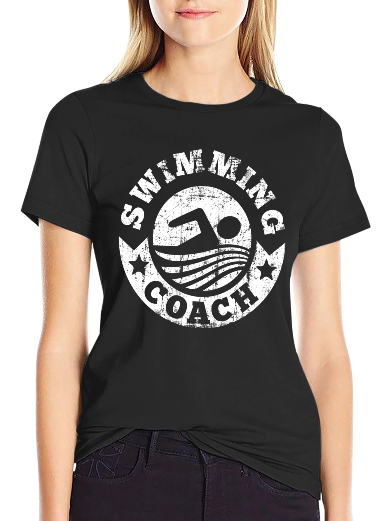 Swimming Coach Graphic T-Shirt - Black Crew Neck
