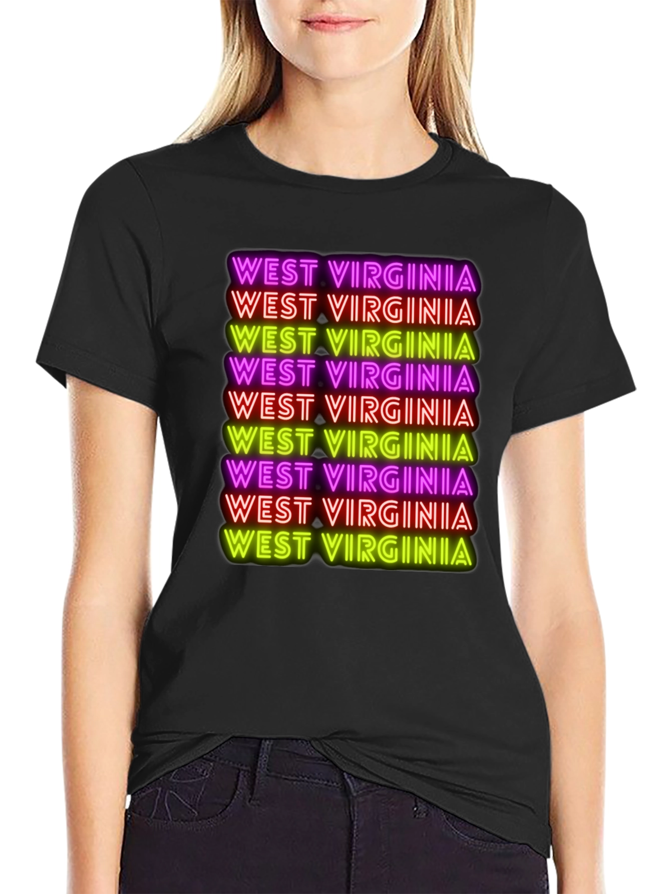 West Virginia Neon Text Black T-Shirt