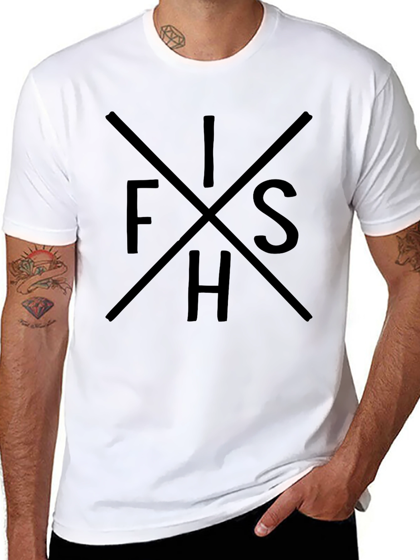 FISH Graphic Tee - Black Crew Neck Cotton T-Shirt