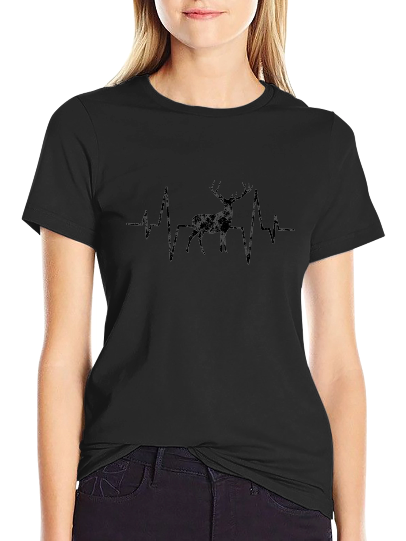 Deer Heartbeat Graphic Tee - Black Cotton T-Shirt