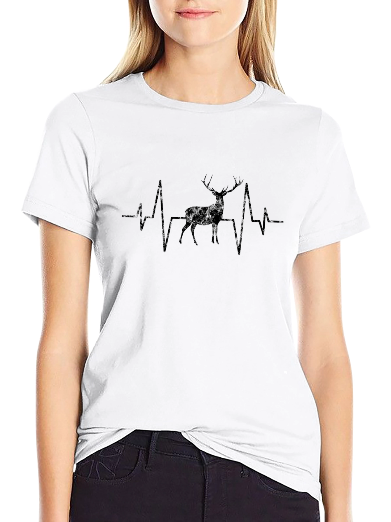 Deer Heartbeat Graphic Tee - Black Cotton T-Shirt