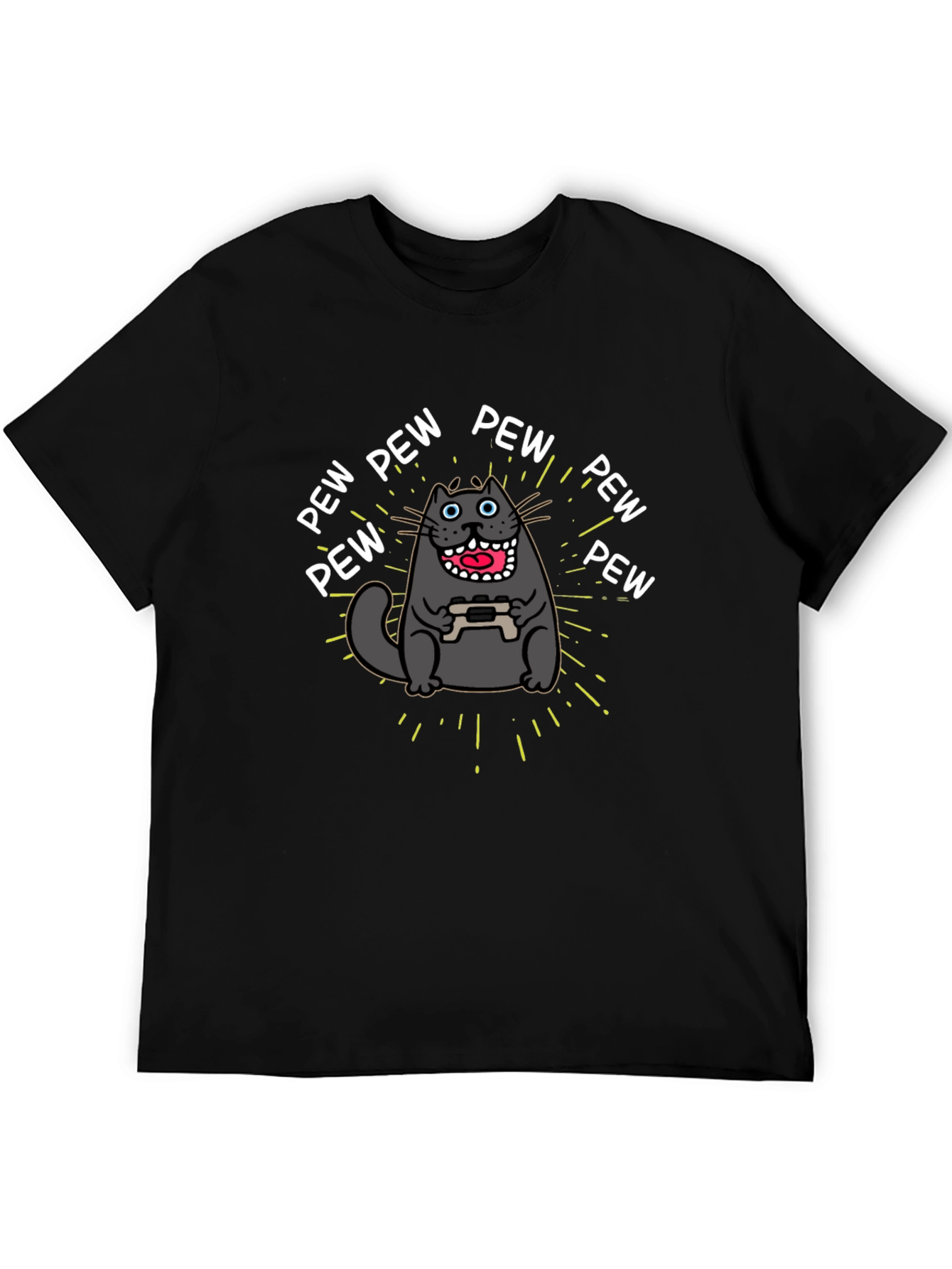 Gamer Cat Pew Pew Graphic Black T-Shirt